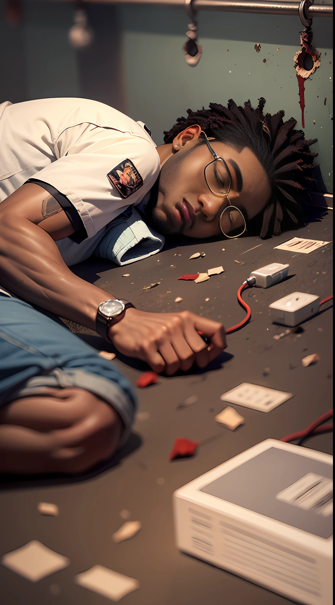 African American, black man in his 20s, short mustache, glasses from 1980s, in jail, lying on jail floor passed out, dead, electrocuted, eyes closed, blood, wounded, full body, prison clothes