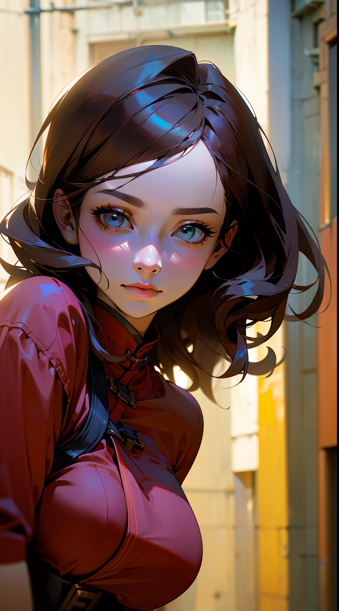 ((Realistic lighting, optimal quality, 8K, masterpaintings:1.3)),( sharp fokus:1.2), Girl Huge breasts, (Beautiful Women with Perfect Figure:1.4),Close-up strengthened,Slim:1.1, ((long and dark brown hair)),((length hair)) ,((ringlets)),(red-white qipao:1.4),(exteriors,during night:1.1),urban street,High-rise buildings and deep alleys,Ultra-fine face,Fine eyes,双眼皮,Close up of
