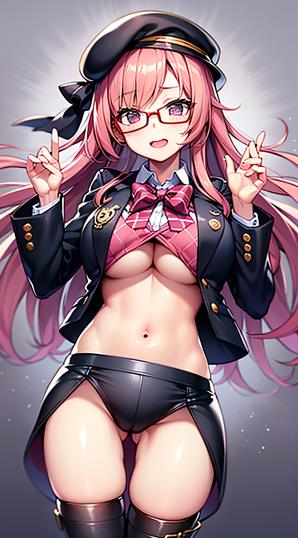 アニメ,a beautifulchi girl,Standing Picture,Long pink hair,Emo,dynamism,massive underboob,Wearing a beret,Wearing glasses,a school uniform