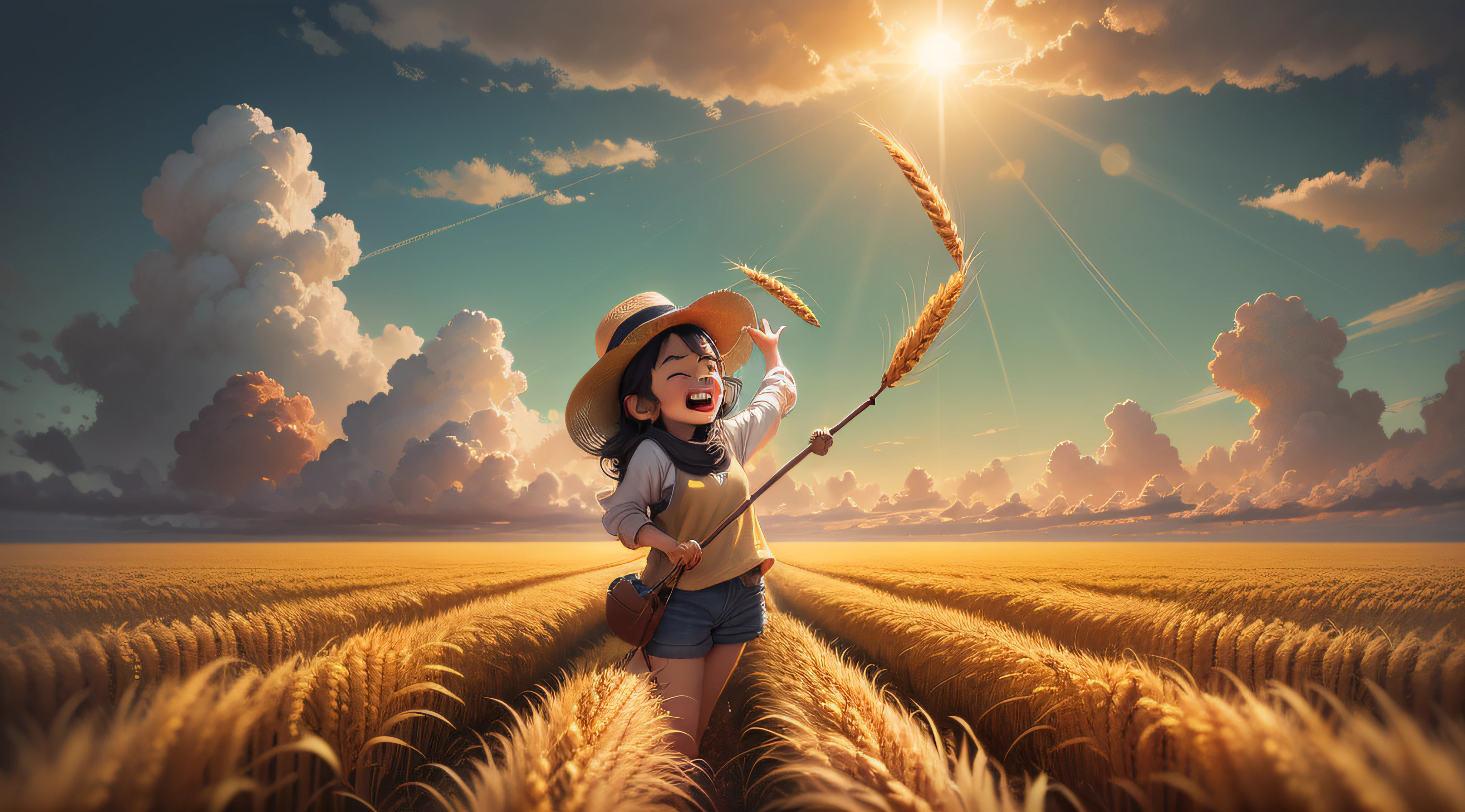 Make a solar term poster,A Chinese farmer harvests wheat, laughing very happily, rA field of golden wheat，In the style of Temmie Chang, warmtones, animated, Oil paintings, Fernando Amosoro, Lovely and colorful, Long and deep distances, High detail, High quality force