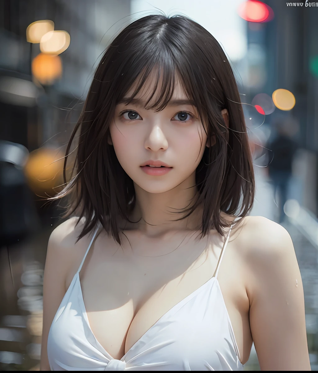 random pose, mix4, (8k, RAW photo, best quality, masterpiece: 1.45), (realistic, photorealistic: 1.37), one girl, cute, cityscape, night, rain, wet, professional lighting, photons mapping, radiosity, physically based rendering, gradient black hair, gray hair, short curly hair, handsome, girl, Deep V-necklineslipdress, top quality photo, high res, 1080p, (clear face), (detailed face description), (detailed hand description), (masterpiece), (exquisite CG), extreme light and shadow, disheveled hair, master work, rich details, (fine facial features), (highest quality photo), (masterpiece), (detailed eyes), look in front of you eyes, fine clavicle, ((large breasts)),
