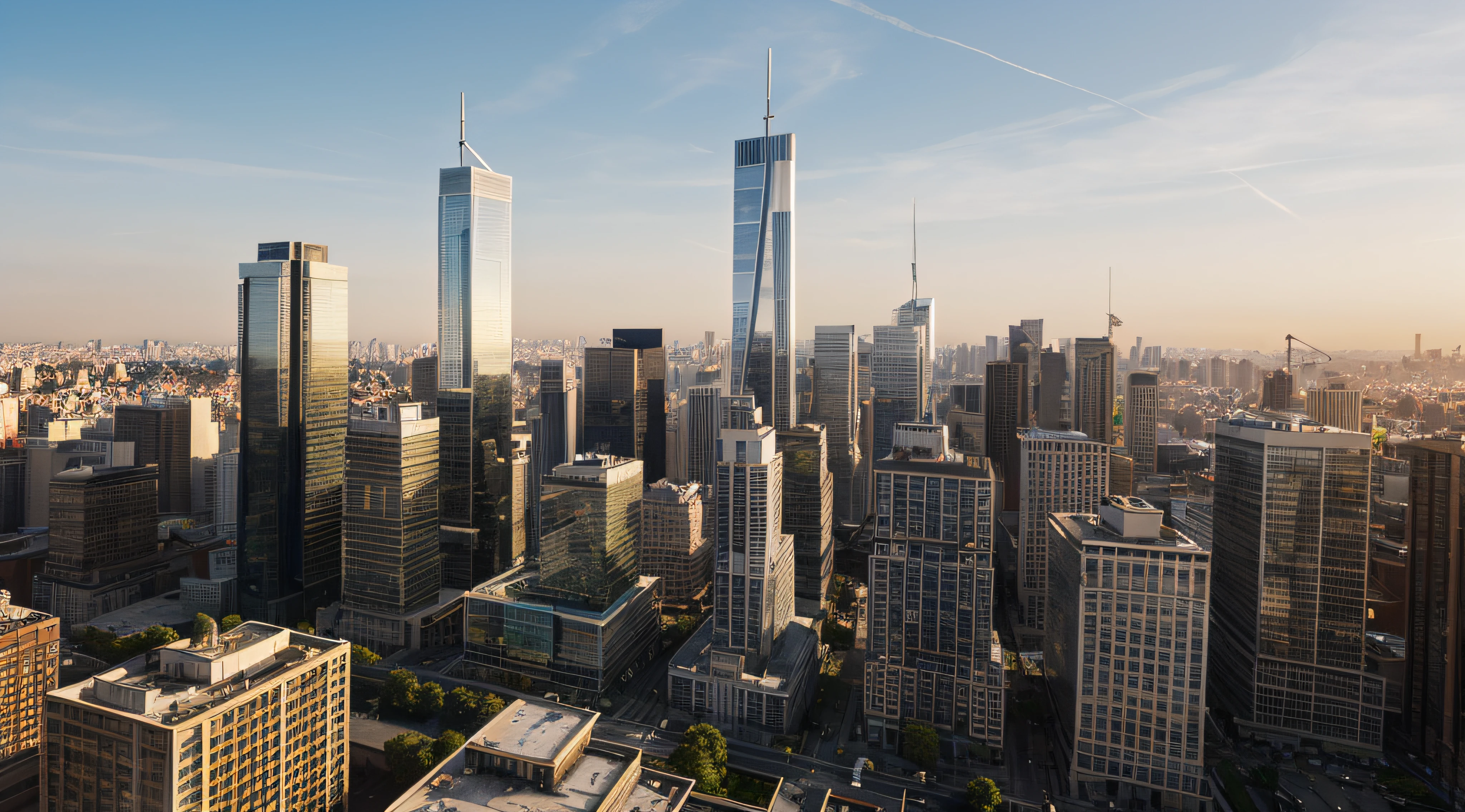 Create a high-resolution 3D image of a dense cluser of skyscrapers.The buldings should br modern and sleek, wirh glass facades reflecting the sunlight. The scene should be set during the day with clear skies. The perspective should be from a high vantage point, looking down on the cityscape. Each buildings should have straight and sharp edges