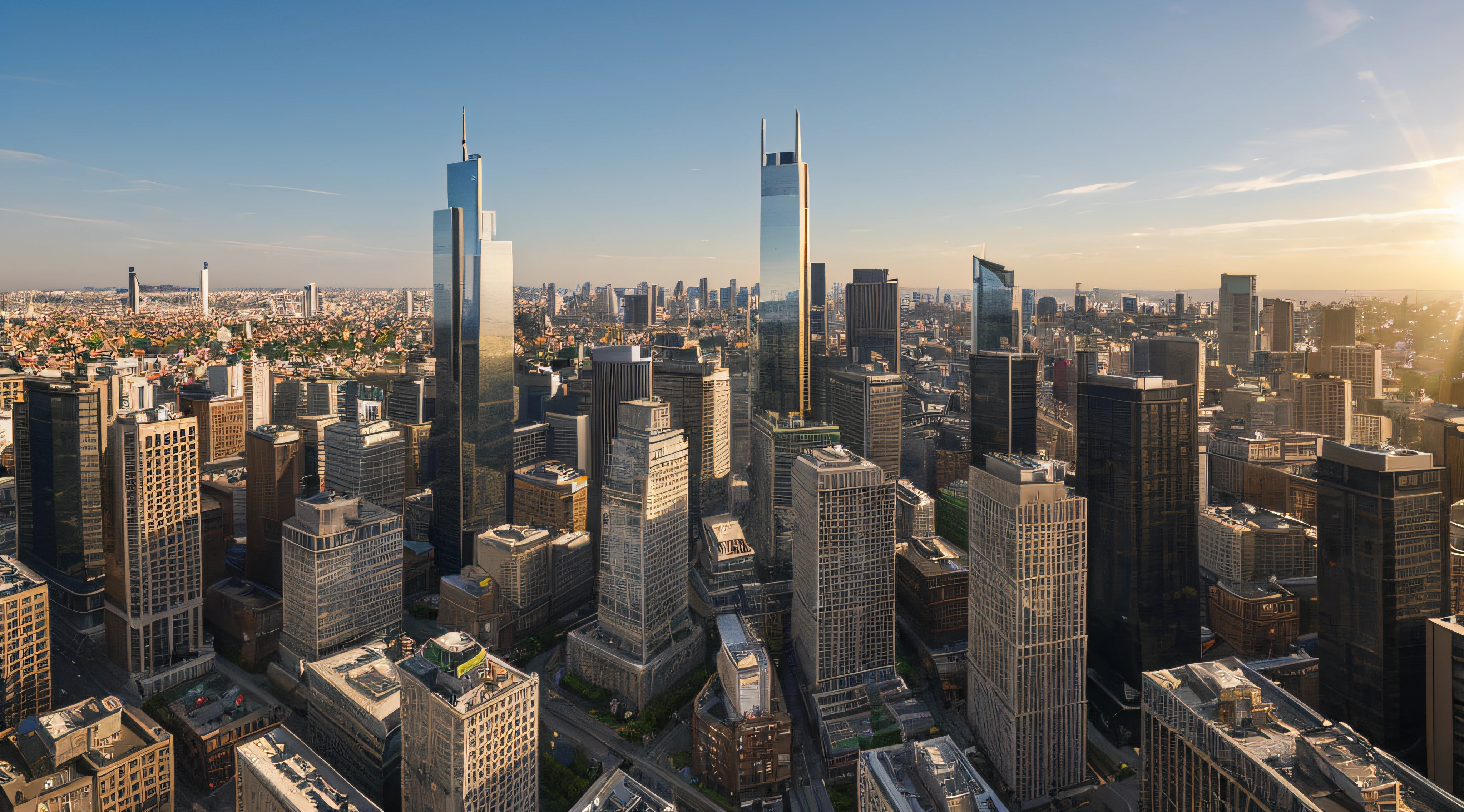 Create a high-resolution 3D image of a dense cluser of skyscrapers.The buldings should br modern and sleek, wirh glass facades reflecting the sunlight. The scene should be set during the day with clear skies. The perspective should be from a high vantage point, looking down on the cityscape. Each buildings should have straight and sharp edges
