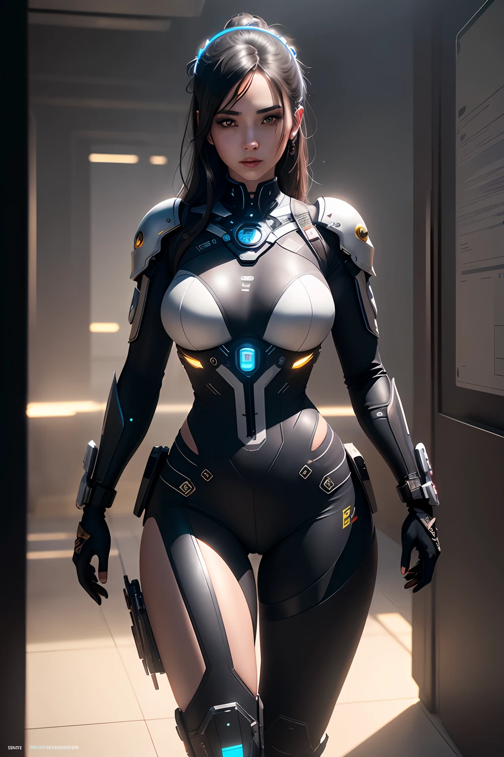Dystopian, [sci-fi], High Detail RAW color Photo, Full front Shot, of (cute female arterial intelligence, front angle, cybernetic enhancements), full latex bodysuit, indoors, standing, (inside cryogenic chamber, in advanced cyberpunk research facility), toned physique with abs, large perky breasts, normal, large ass, (pale skin), (cybernetic implants:1.2), (augmentations), (cyborg:1.1), (detailed skin, diffused skin pores), silicone, metal, (highly detailed, fine details, intricate), (lens flare:0.4), (bloom:0.4), diffused soft lighting, raytracing, shallow depth of field, (Oliver Wetter), photographed on a Canon EOS 5D, 90mm micro lens, f/8, sharp focus, smooth, cinematic film still from Blade Runner 2049, thick thighs, wide hips [Cyberpunk:Dieselpunk:0.25]