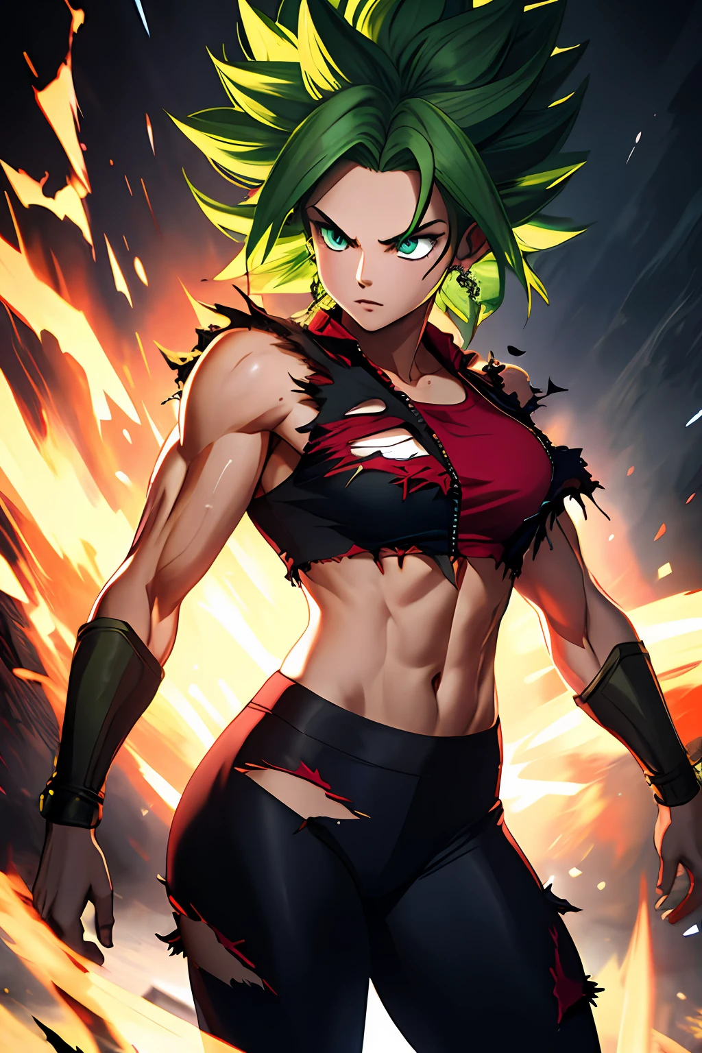 (masterpiece, best quality, ultra-detailed, highres, best illustration), 1girl,cowboy shot of beautiful xyzkefla  super saiyan, green hair, green eyes, spiked hair, energy, (torn clothes:1.2), jewelry, aura, leggings, red clothing, detailed, sharp focus, dramatic, cinematic lighting, bodybuilder