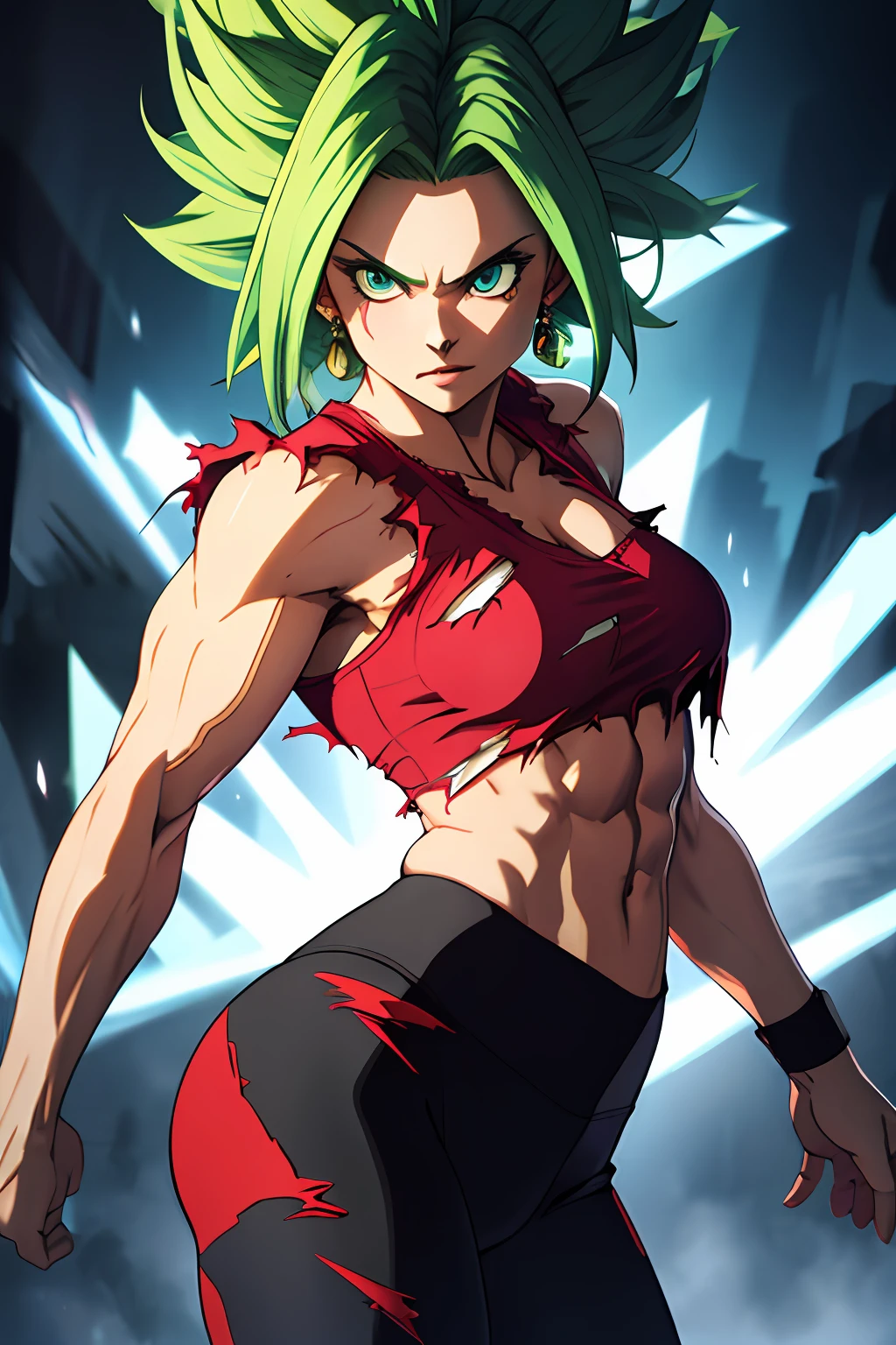 (masterpiece, best quality, ultra-detailed, highres, best illustration), 1girl,cowboy shot of beautiful xyzkefla  super saiyan, green hair, green eyes, spiked hair, energy, (torn clothes:1.2), jewelry, aura, leggings, red clothing, detailed, sharp focus, dramatic, cinematic lighting, bodybuilder