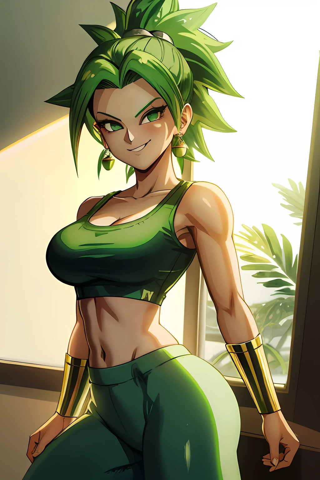 (masterpiece, best quality, ultra-detailed, highres, best illustration), 1girl,cowboy shot of beautiful xyzkefla  super saiyan, green hair, green eyes, spiked hair, energy, (torn clothes:1.2), jewelry, aura, leggings, red clothing, detailed, sharp focus, dramatic, cinematic lighting, bodybuilder