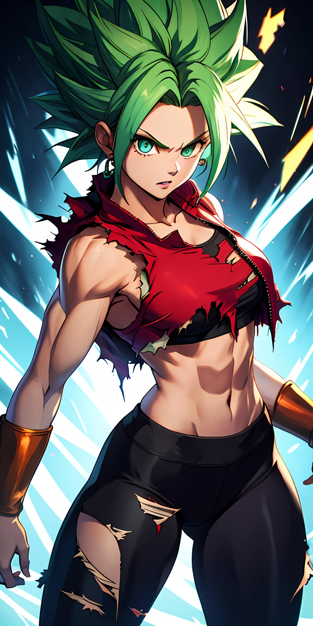 (masterpiece, best quality, ultra-detailed, highres, best illustration), 1girl,cowboy shot of beautiful xyzkefla super saiyan, green hair, green eyes, spiked hair, energy, (torn clothes:1.2), jewelry, aura, leggings, red clothing, detailed, sharp focus, dramatic, cinematic lighting, bodybuilder