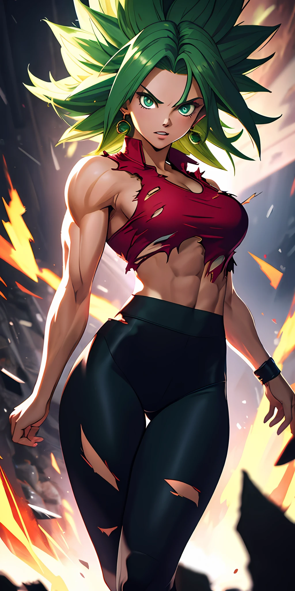 (masterpiece, best quality, ultra-detailed, highres, best illustration), 1girl,cowboy shot of beautiful xyzkefla super saiyan, green hair, green eyes, spiked hair, energy, (torn clothes:1.2), jewelry, aura, leggings, red clothing, detailed, sharp focus, dramatic, cinematic lighting, bodybuilder