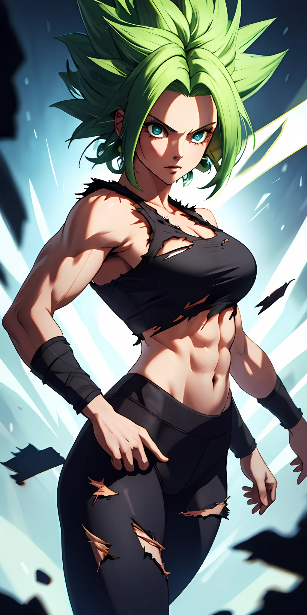 (masterpiece, best quality, ultra-detailed, highres, best illustration), 1girl,cowboy shot of beautiful xyzkefla super saiyan, green hair, green eyes, spiked hair, energy, (torn clothes:1.2), jewelry, aura, leggings, red clothing, detailed, sharp focus, dramatic, cinematic lighting, bodybuilder