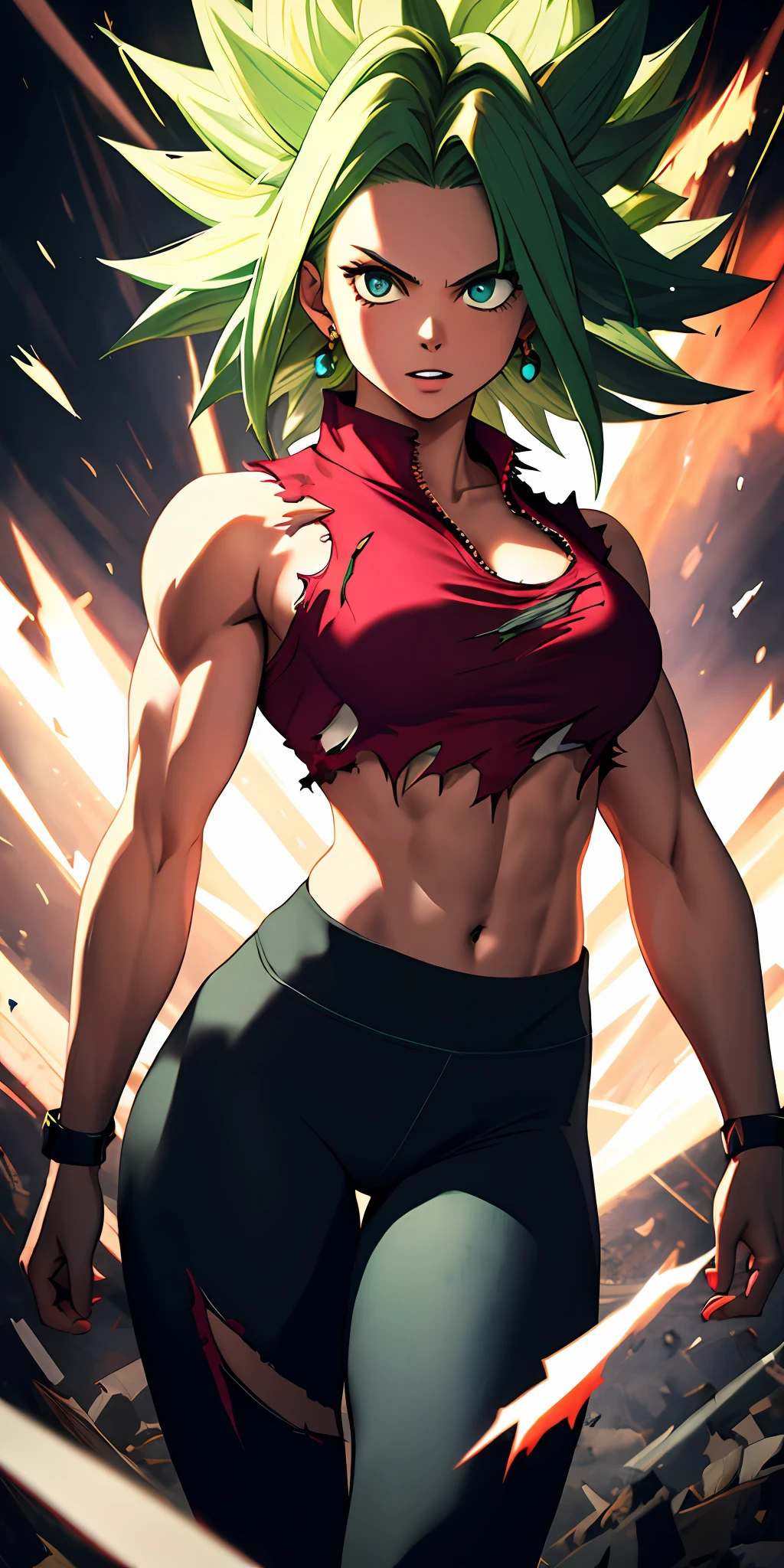 (masterpiece, best quality, ultra-detailed, highres, best illustration), 1girl,cowboy shot of beautiful xyzkefla super saiyan, green hair, green eyes, spiked hair, energy, (torn clothes:1.2), jewelry, aura, leggings, red clothing, detailed, sharp focus, dramatic, cinematic lighting, bodybuilder