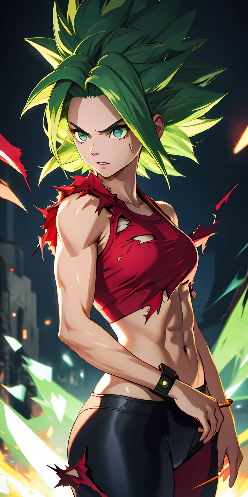 (masterpiece, best quality, ultra-detailed, highres, best illustration), 1girl,cowboy shot of beautiful xyzkefla super saiyan, green hair, green eyes, spiked hair, energy, (torn clothes:1.2), jewelry, aura, leggings, red clothing, detailed, sharp focus, dramatic, cinematic lighting, bodybuilder