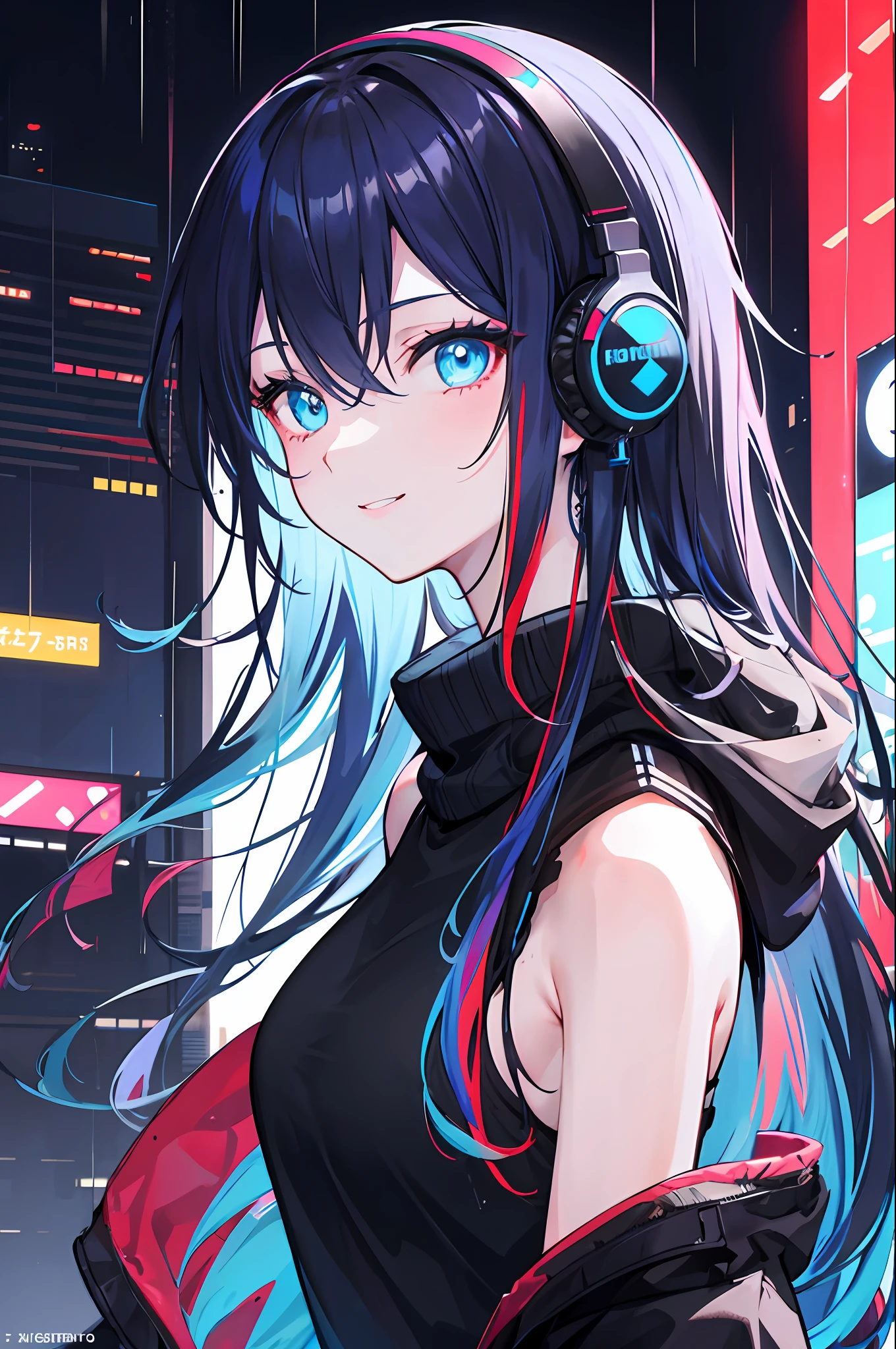 1girl,night city,rain, black blue red hair, very long hair, multicolored hair, blue eyes, detail eyes,black sweater, black jacket, white tank top,glowing headphone, cyberpunk, futuristic, multi-color eyes, detailed eyes, hyper detailed,light smile,