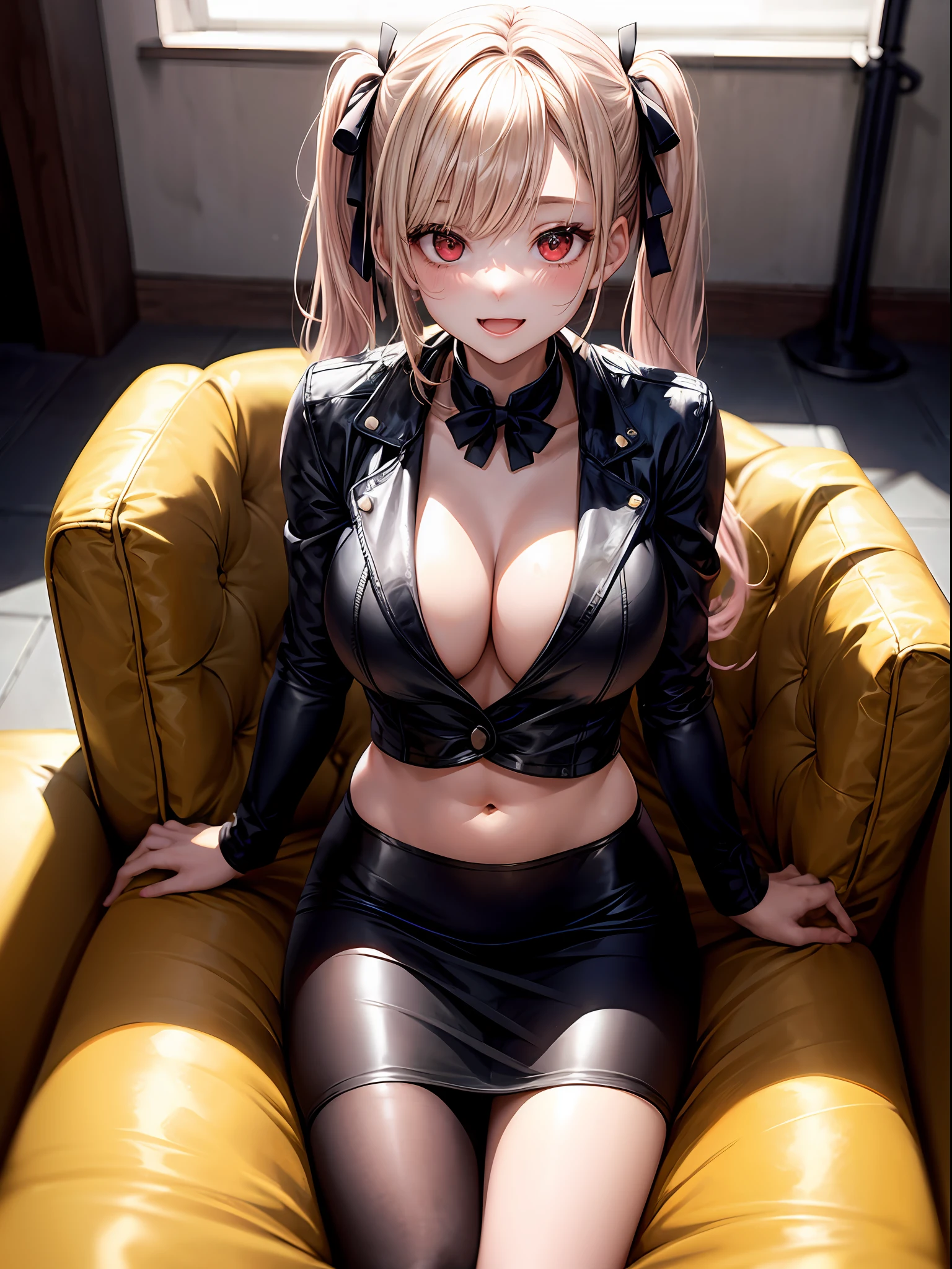 最好质量、One Girl、a blond、twintails、Inner curl:1.3、Red eyes、a small face、a smile、Pink blush color under the eyes:1.7、Opening Mouth、White clothes、Large black ribbon、Navel:1.6、Black jacket made of leather、Black miniskirt、Black tights:1.5、big tit:1.5、beauty legs、Host Clubs、Sit on a leather sofa、Angle from diagonally above、No people、Background blur