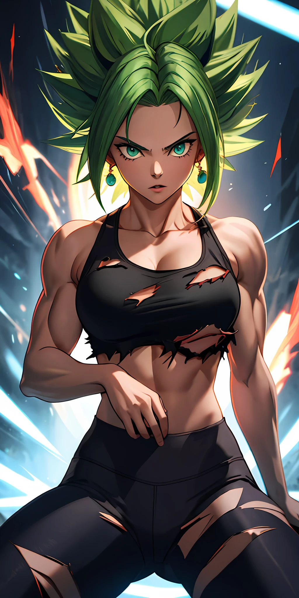 (masterpiece, best quality, ultra-detailed, highres, best illustration), 1girl,cowboy shot of beautiful xyzkefla super saiyan, green hair, green eyes, spiked hair, energy, (torn clothes:1.2), jewelry, aura, leggings, red clothing, detailed, sharp focus, dramatic, cinematic lighting, bodybuilder, sit down