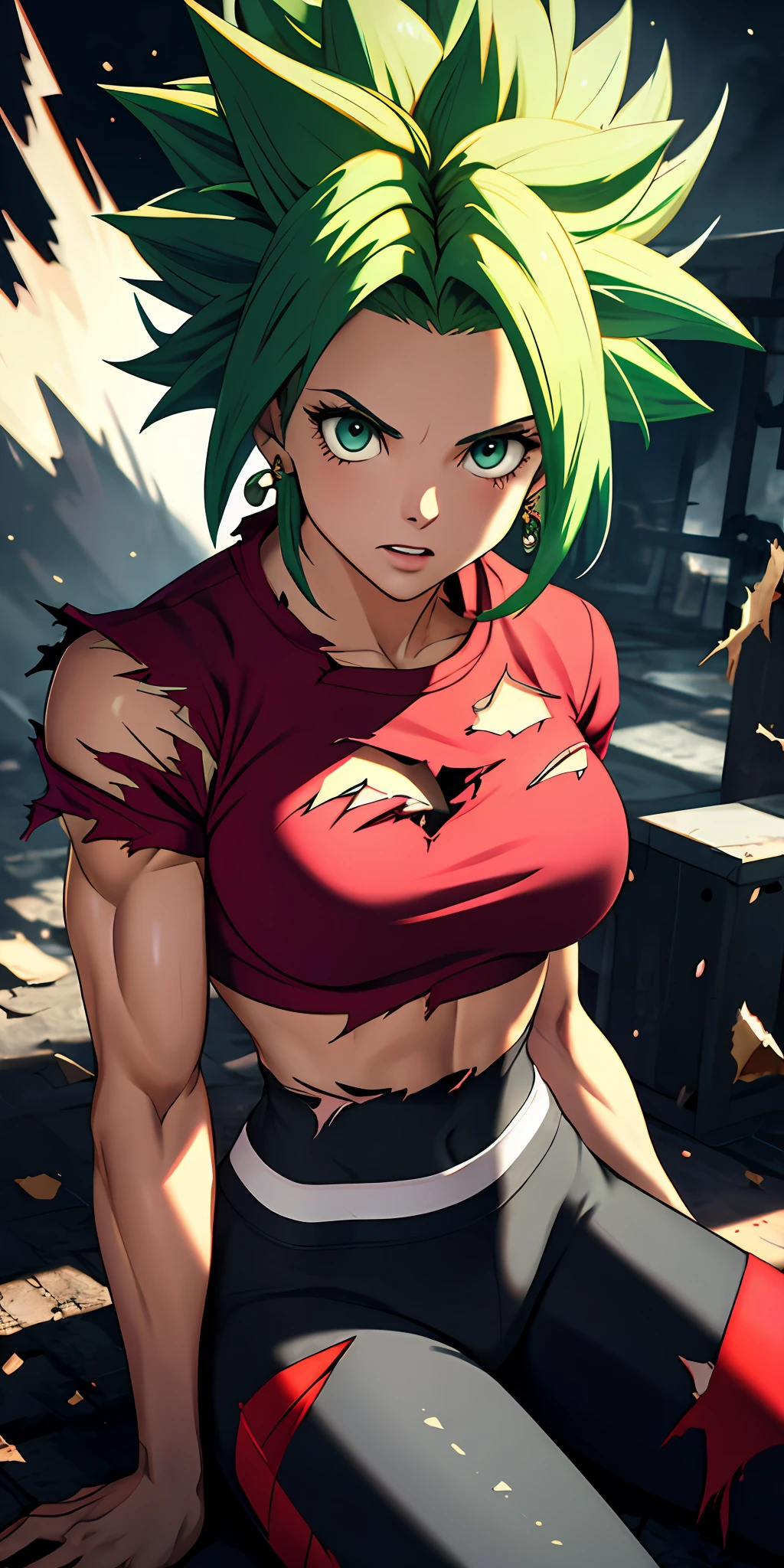 (masterpiece, best quality, ultra-detailed, highres, best illustration), 1girl,cowboy shot of beautiful xyzkefla super saiyan, green hair, green eyes, spiked hair, energy, (torn clothes:1.2), jewelry, aura, leggings, red clothing, detailed, sharp focus, dramatic, cinematic lighting, bodybuilder, sit down