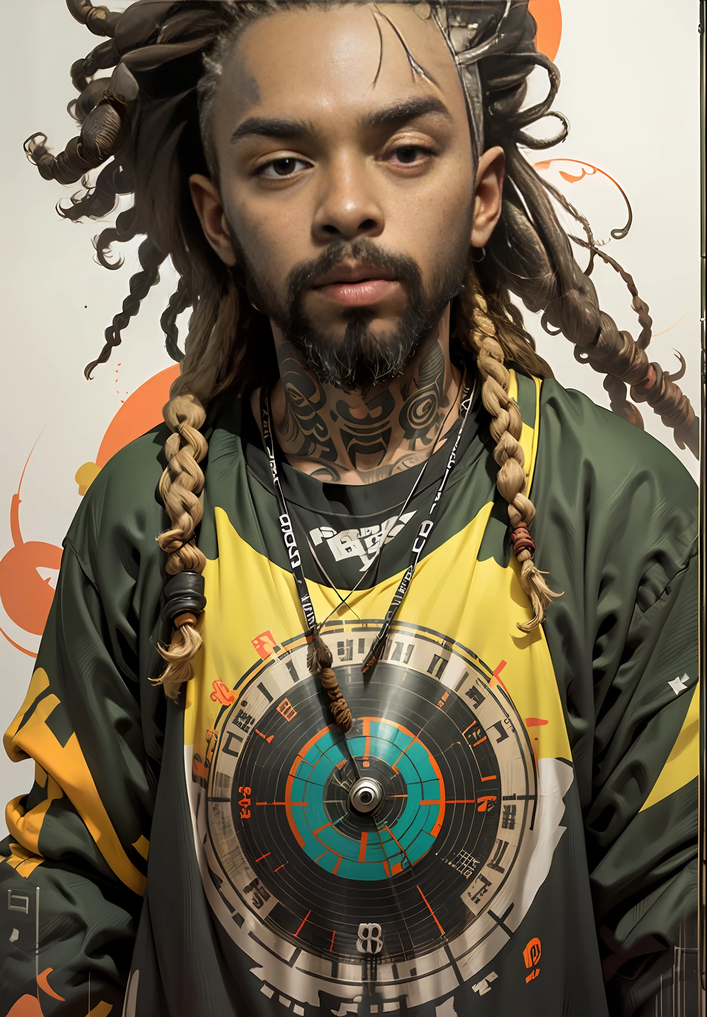green:1.5, orange:1.1, white:1.3, yellow:1.3, (rapper with dread hair),tattoos, (power puffer clothes:1.2),abstract lines and circles background