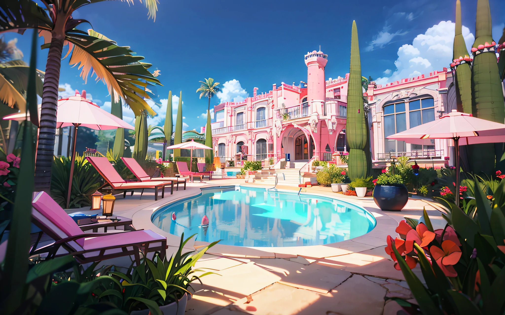The pink castle is on the right,There is a swimming pool with sun loungers in the middle of the castle,There are stairs, vaporwave mansion, in a candy land style house,Pink beach loungers on the left side of the pool,Surrounded by coconut palms and grass,Plenty of sunshine,beautiful weather,Bright colors,Pink World,vaporwave mansion, jen bartel, Relaxing concept art, Stylized concept art, 3 d render stylized, rossdraws global illumination, art deco outrun anime aesthestic, Resort, ross tran. scenery background, stylized 3d render, author:Seb McKinnon, 3 d stylize scene