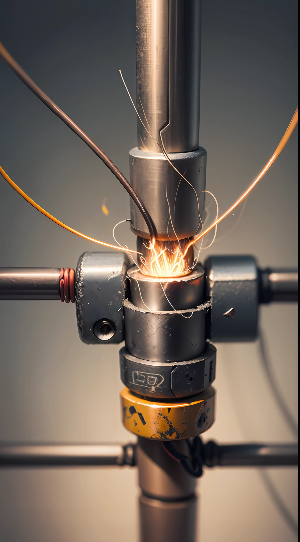 frayed cable wire touching metal, close up photo of metal and wire touching, electric current, electric shock