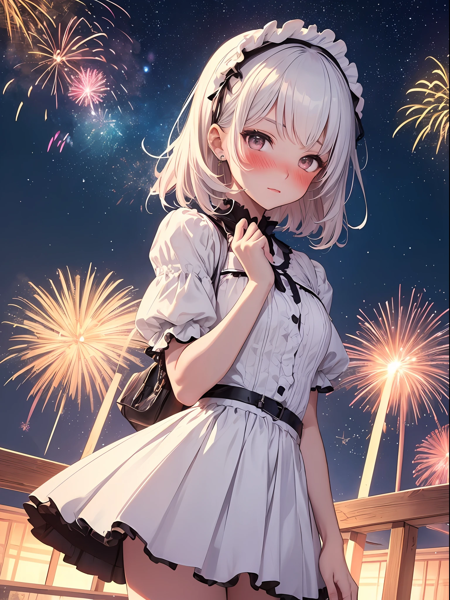 (Maste Piece:1.2),(blushing girl:1.3),(ta:1.2),(tultra-detail:1.1),(Glittering starry sky),(firework),(White hair),(short-hair),(White skirt),(summer)