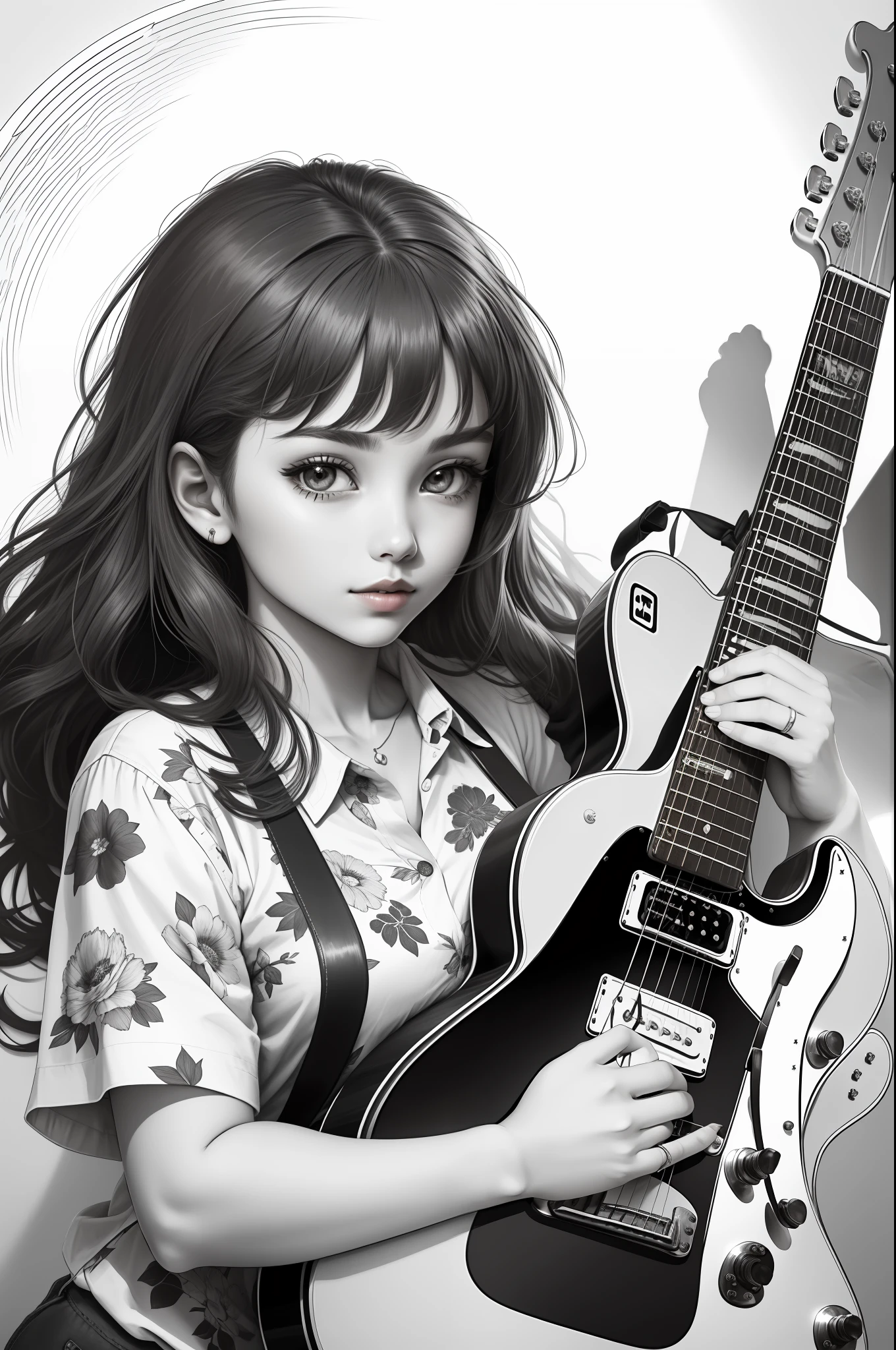 ((obra-prima, melhor qualidade)), lineart, colorido, 1girl, 18yo girl, (calcinha floral), camisa aberta, deitado na cama, (playing electric guitar), cabelo preto, quarto, lineart, colorido, mamilos aparecendo