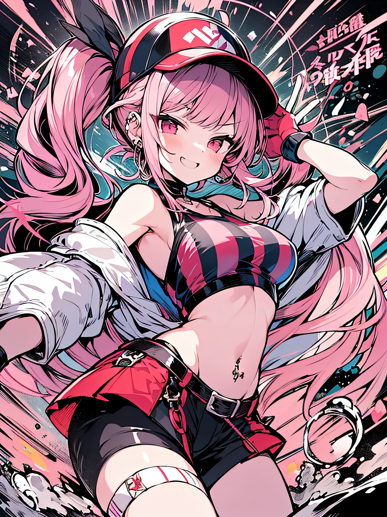From behind,actionpose,swing bat,swinging a bat, Sunny blue sky, Sunnyday, hitting a home run, powerful swing, Dynamic action, energetic atmosphere, , Baseball Helmets、」Perspective from behind、 sportsmanship, action-packed scene, intense competition, joyful achievement.GameCG,{{magical little girl}},brooch,soul gem,{{{1girl in}}}},{巨作}, {{最好质量}}}, {{superdetailed}}, {{illutst}}, {{tousled hair}}, break {{boobs loli}},Big hair,punk,twintails,Mezuki,小柄,8years old,oppai loli,Teen girls, frilled sleeves,Baseball Cap,gradation hair, ,, Pink hair,Wine red eyes,Pink bat,Miduam's hair, Blunt bangs, {{Undercut}}, Pink hair, two tone hair,v shaped_eyebrows,wicked smile, bare_shoulders、Medium_Breasts、Belly Navel、thights、piercings、gloves、white_Jacket、red_Skirt、Open_Jacket、shortpants、Ruffle Shorts、Break black and white characters, (Ink Style Effects), (Strong contrast) break