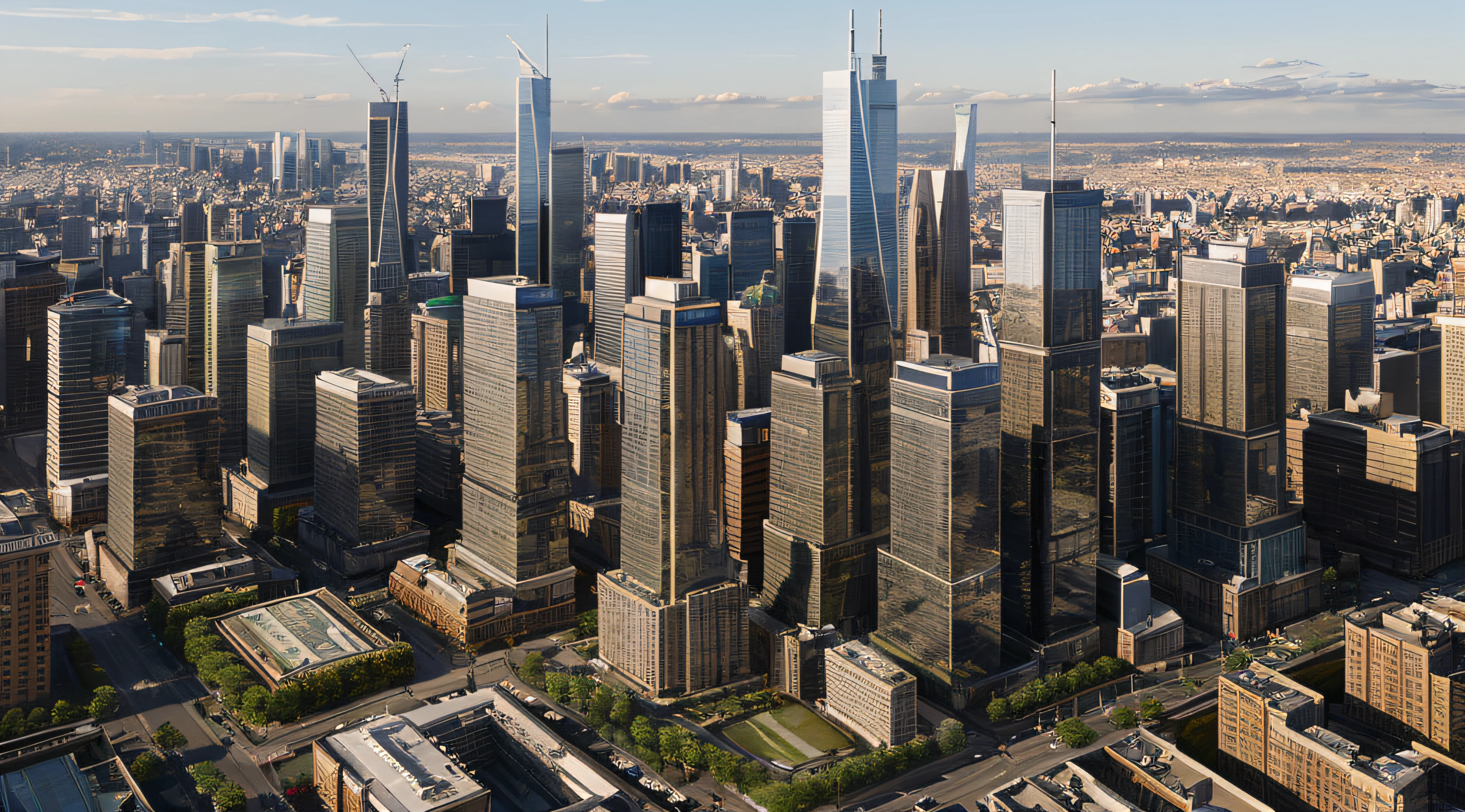 Create a high-resolution 3D image of a dense cluser of skyscrapers.The buldings should br modern and sleek, wirh glass facades reflecting the sunlight. The scene should be set during the day with clear skies. The perspective should be from a high vantage point, looking down on the cityscape. Each buildings should have straight and sharp edges
