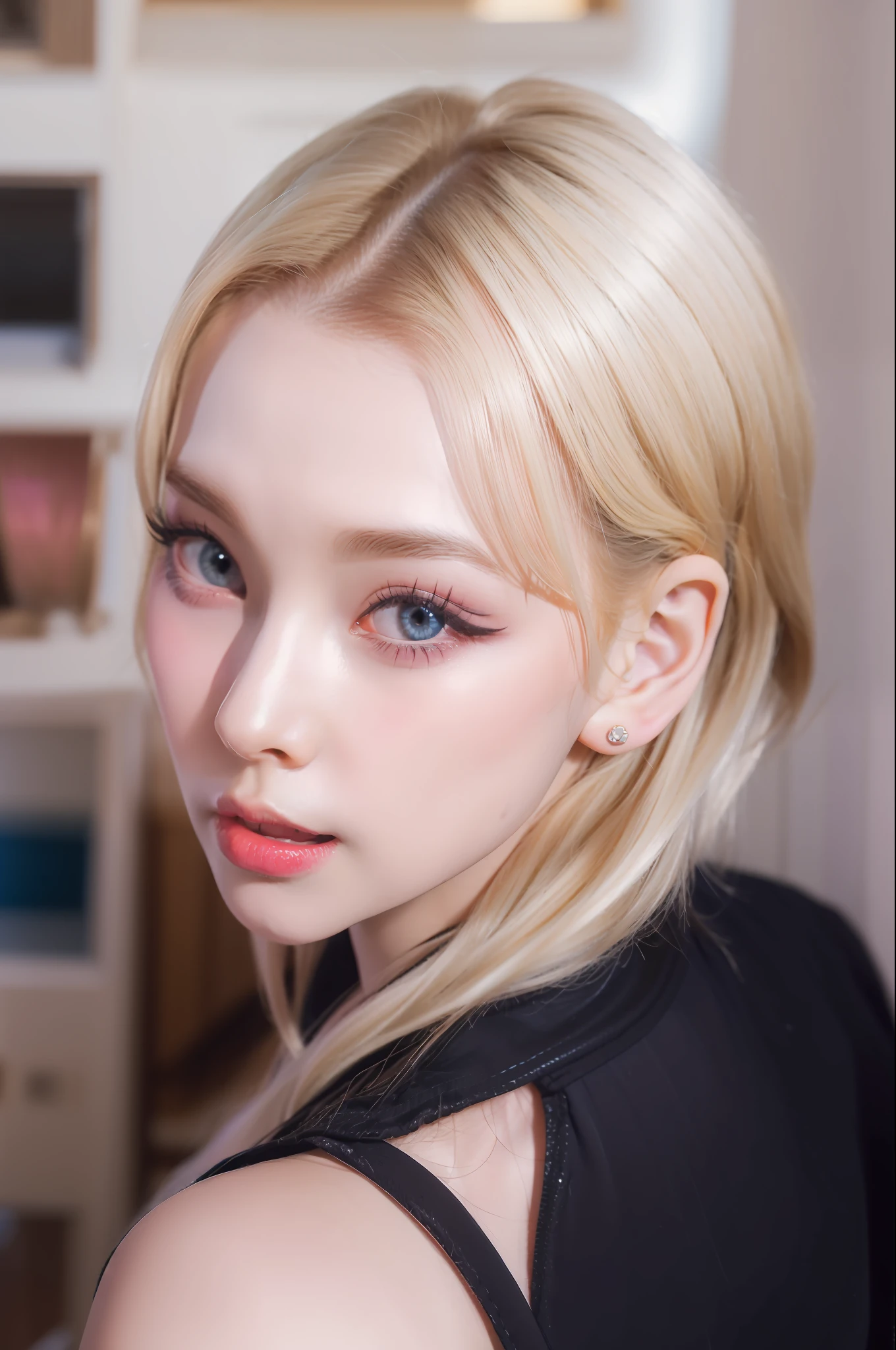 (8k, 4k, best quality, highres, ultra high res:1.1), (masterpiece, realistic, photo-realistic:1.1), 1girl, face, close-up, twintails, blonde hair, black eyes, red lips, (looking at viewer:2), absurdly long hair, long eyelashes, eyeshadow, small face, big eyes,
bare shoulders,
high contrast,
