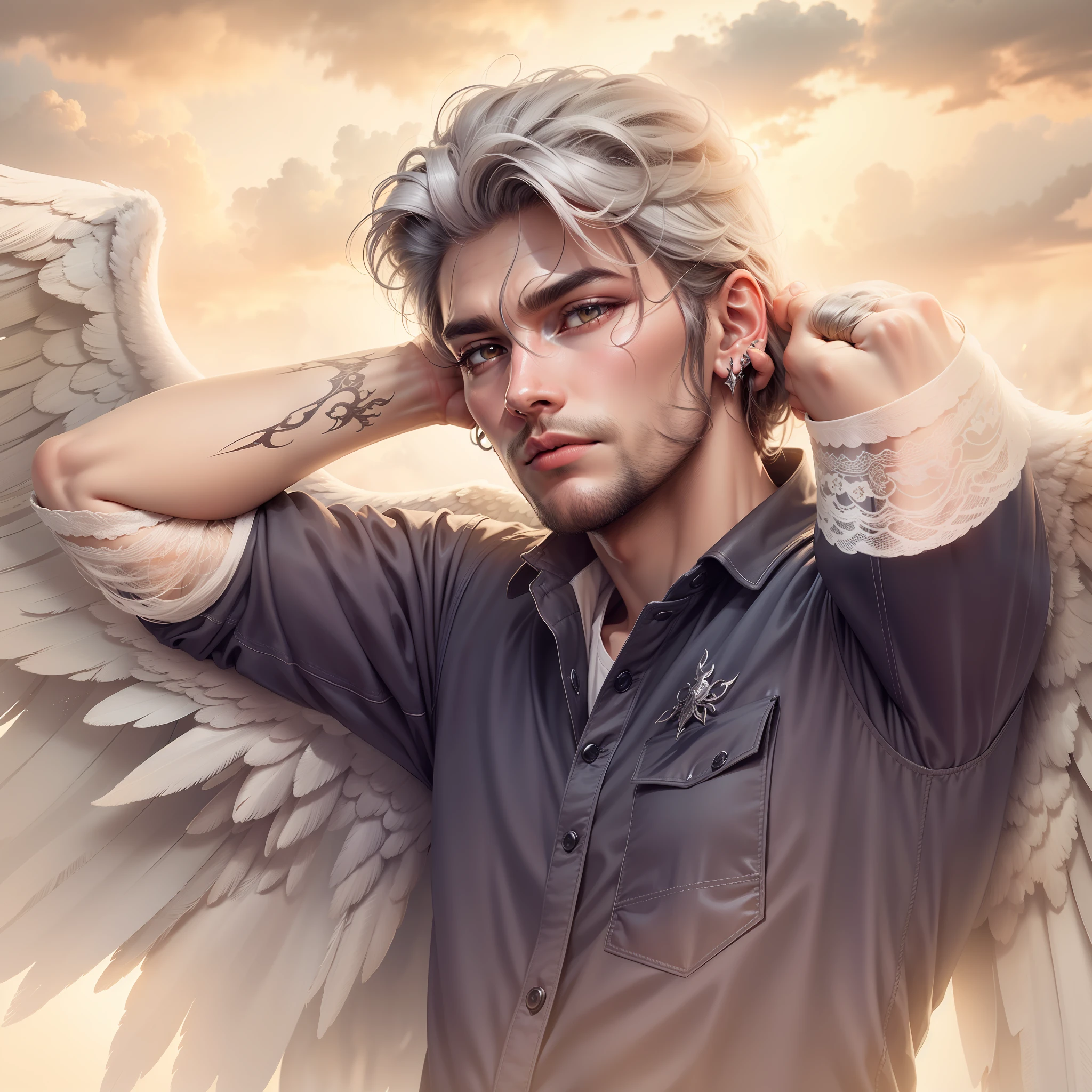 Lucifer angel, white wings, hyper realistic lighting , heaven , long white hairs , ultra realistic