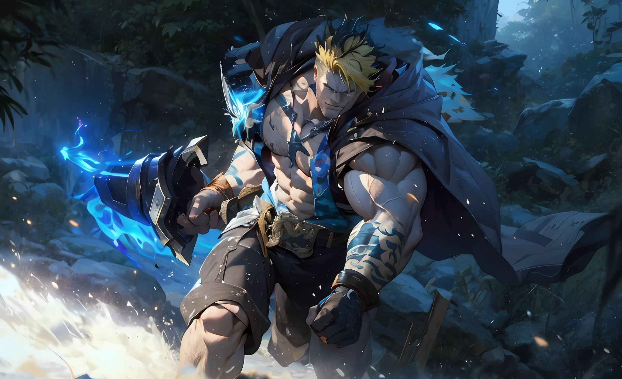 there is a man with yellow hair and a cross on his chest, muscular!!, muscular character, anime handsome man, in billy herrington body, naoki ikushima, muscular!, muscular male, muscular male hero, beefcake pose, muscular!!!, muscular! fantasy, mid-shot of a hunky, genzoman, fairly muscular