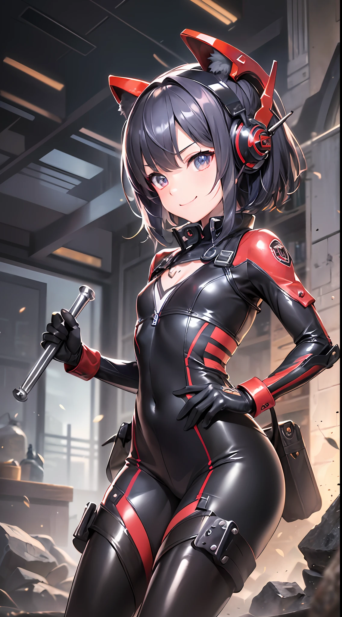 (8K, 最好质量, A masterpice:1.4), (アニメ, illutst:1.6), superdetailed, babes,a Pretty, 独奏, Beautiful ruins, (a smile:1.3),(Chest circumference small:1.4), Floating hair, (Short stature:1.5), cockpit, pilotsuit, headset on head, Exterior Mechanical, Gatling, axe