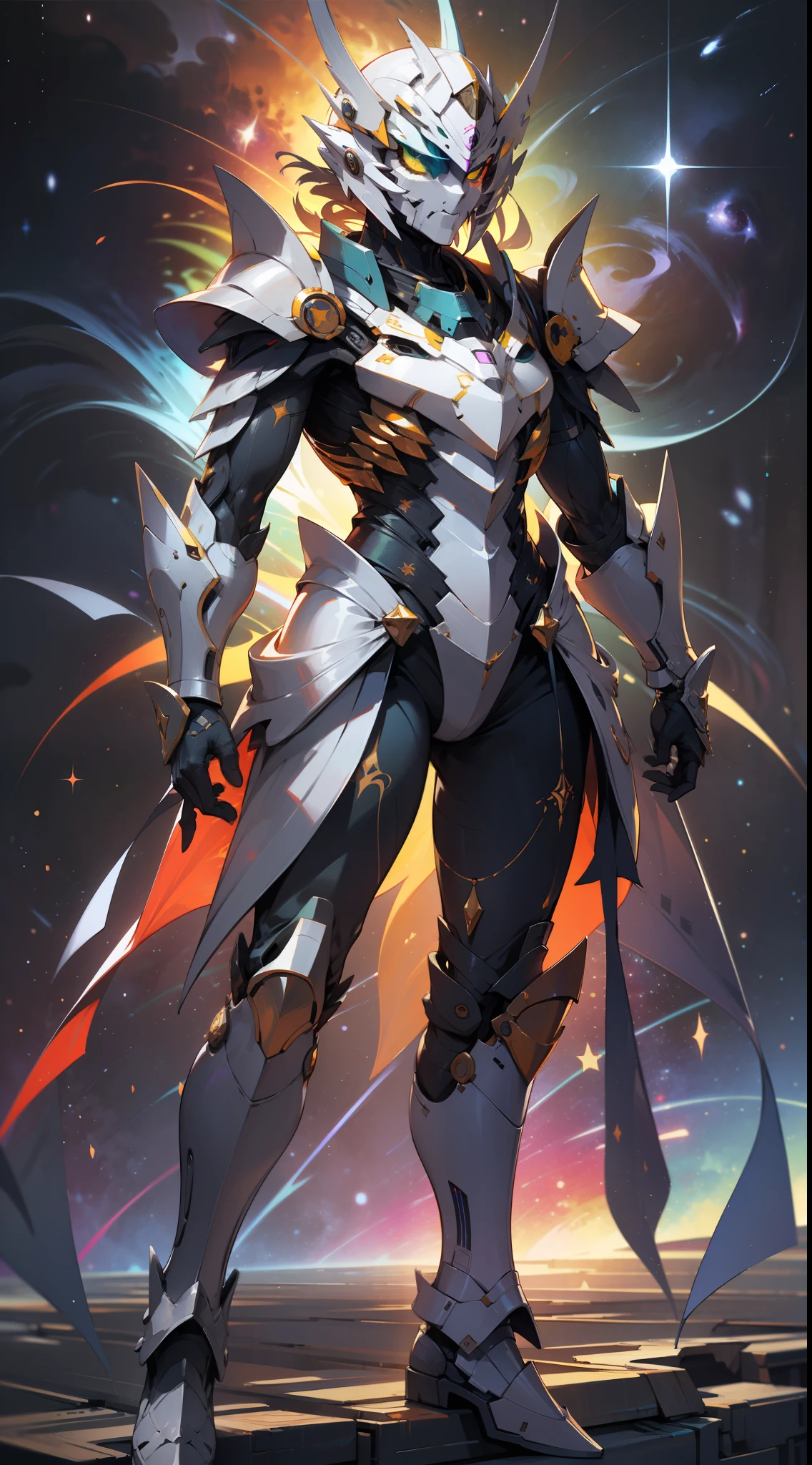 a lrainbow colored wolv with rainbow teal armor, standing, rainbow colored cosmic nebula background, stars, galaxies