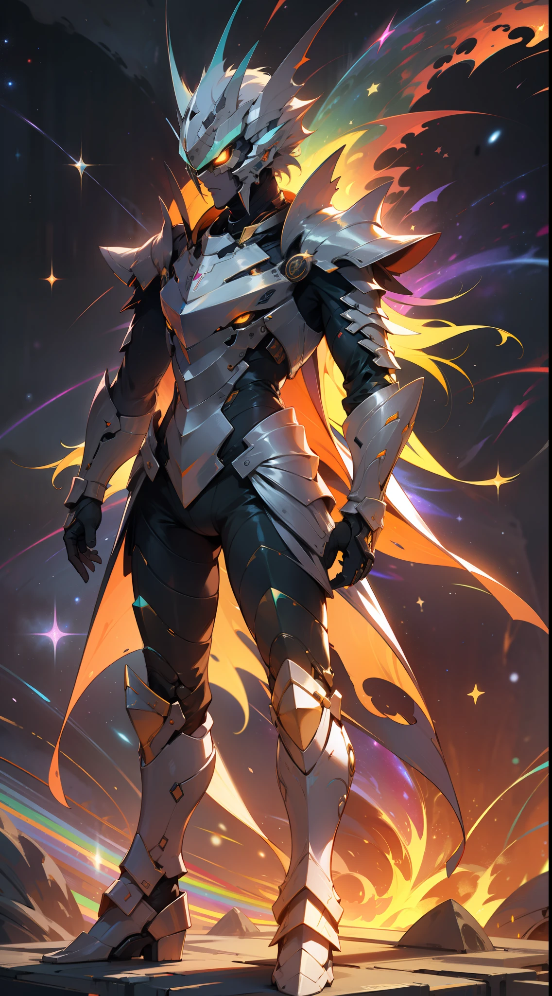 a lrainbow colored wolv with rainbow teal armor, standing, rainbow colored cosmic nebula background, stars, galaxies