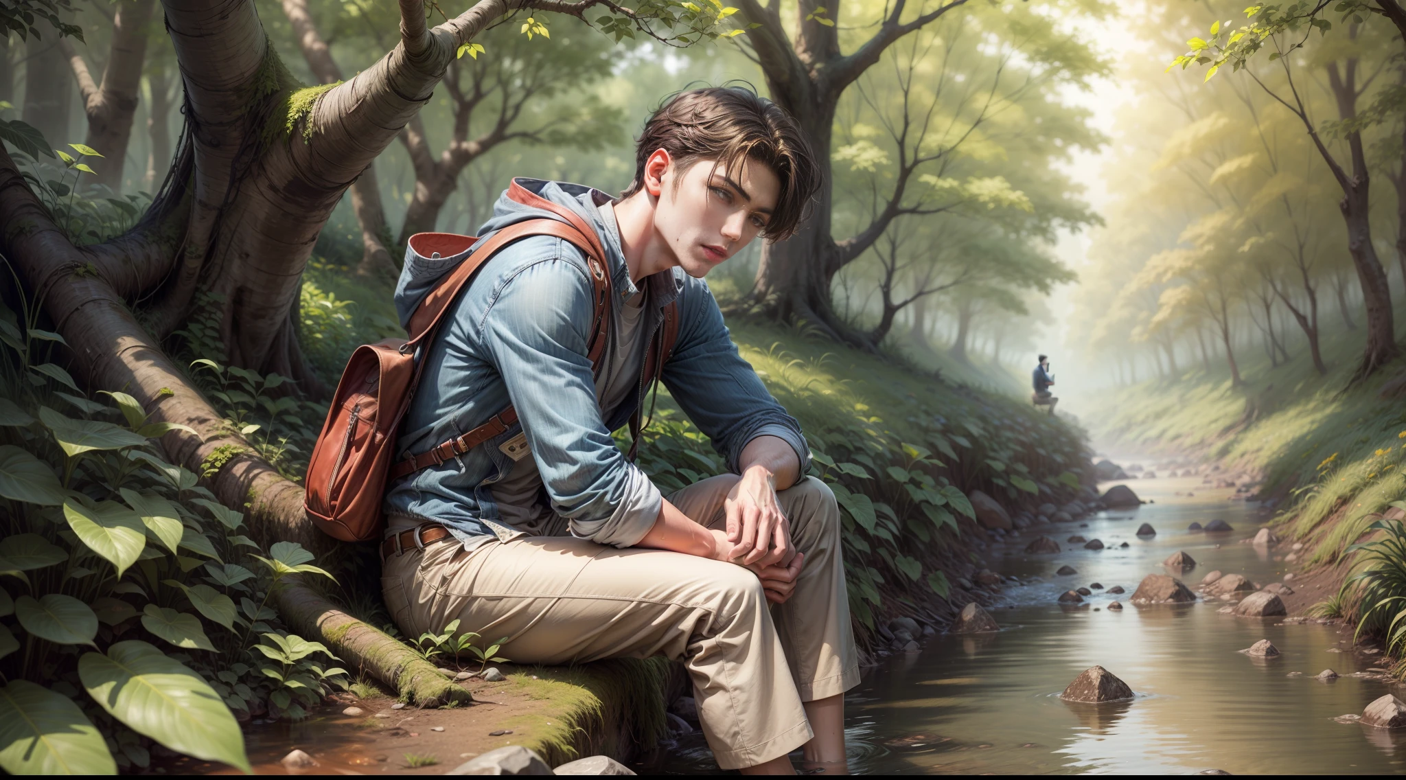 a young man sitting under a tree beside a stream