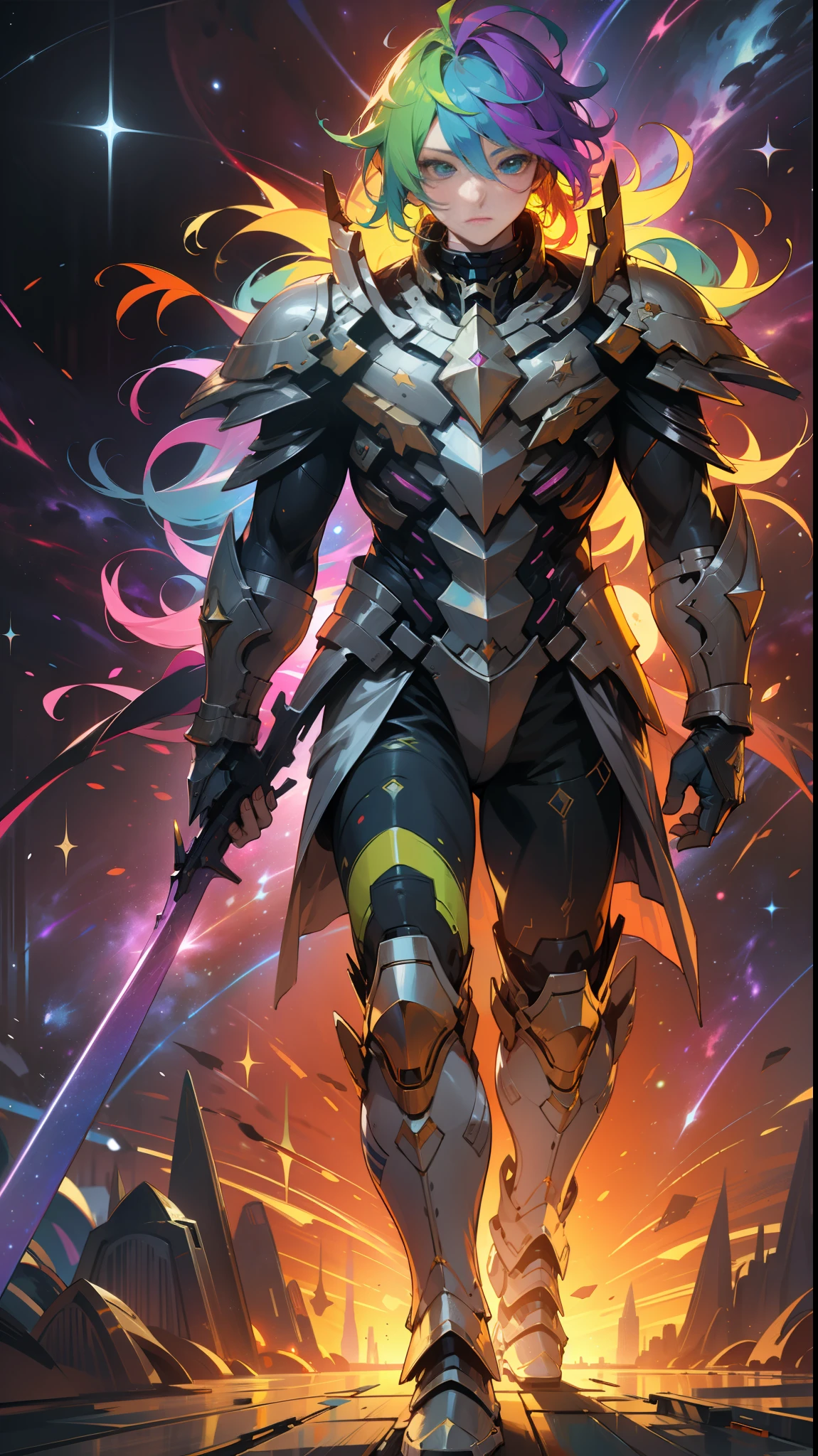 a lrainbow colored wolv with rainbow teal armor, standing, rainbow colored cosmic nebula background, stars, galaxies