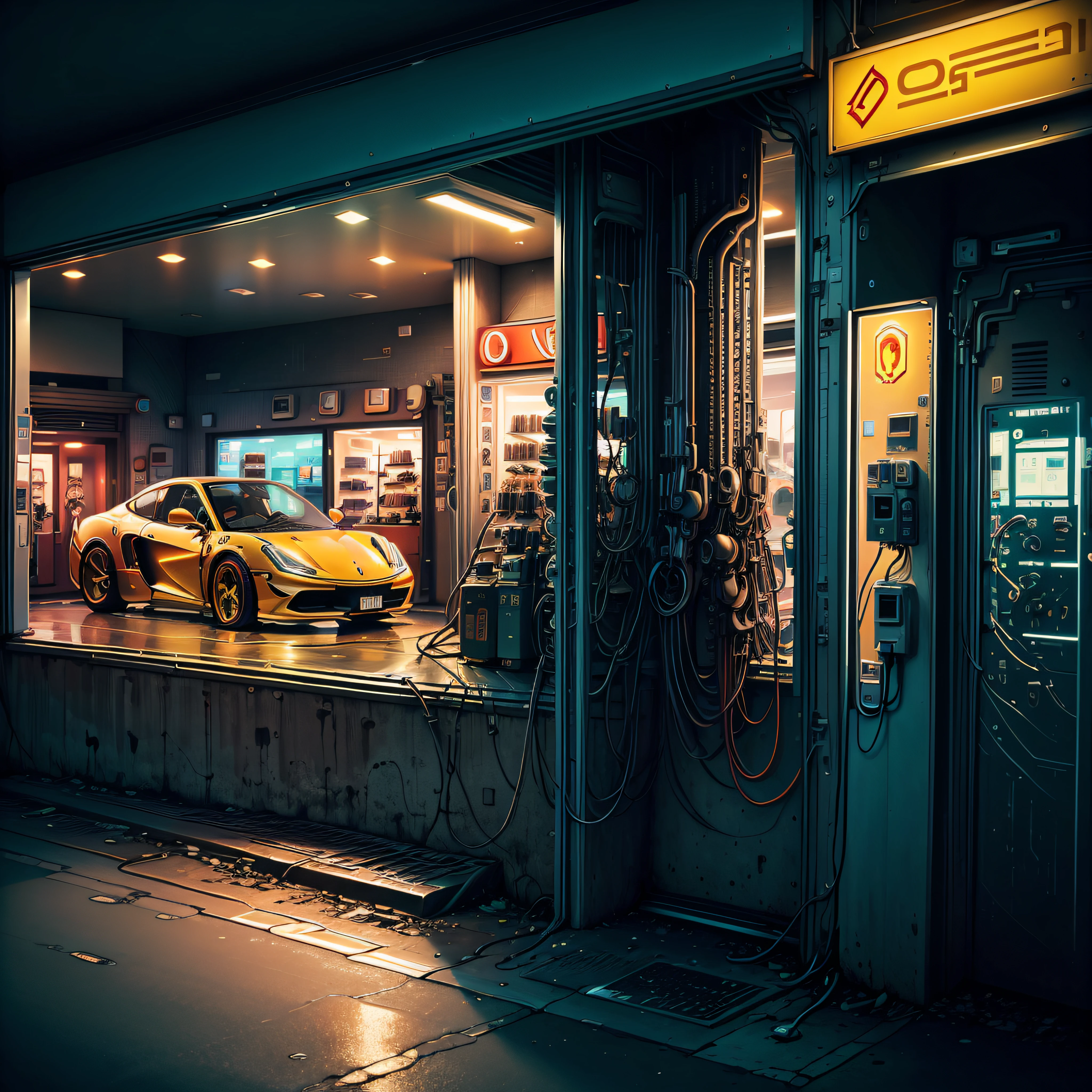 ferrari testarossa in gas station with neon