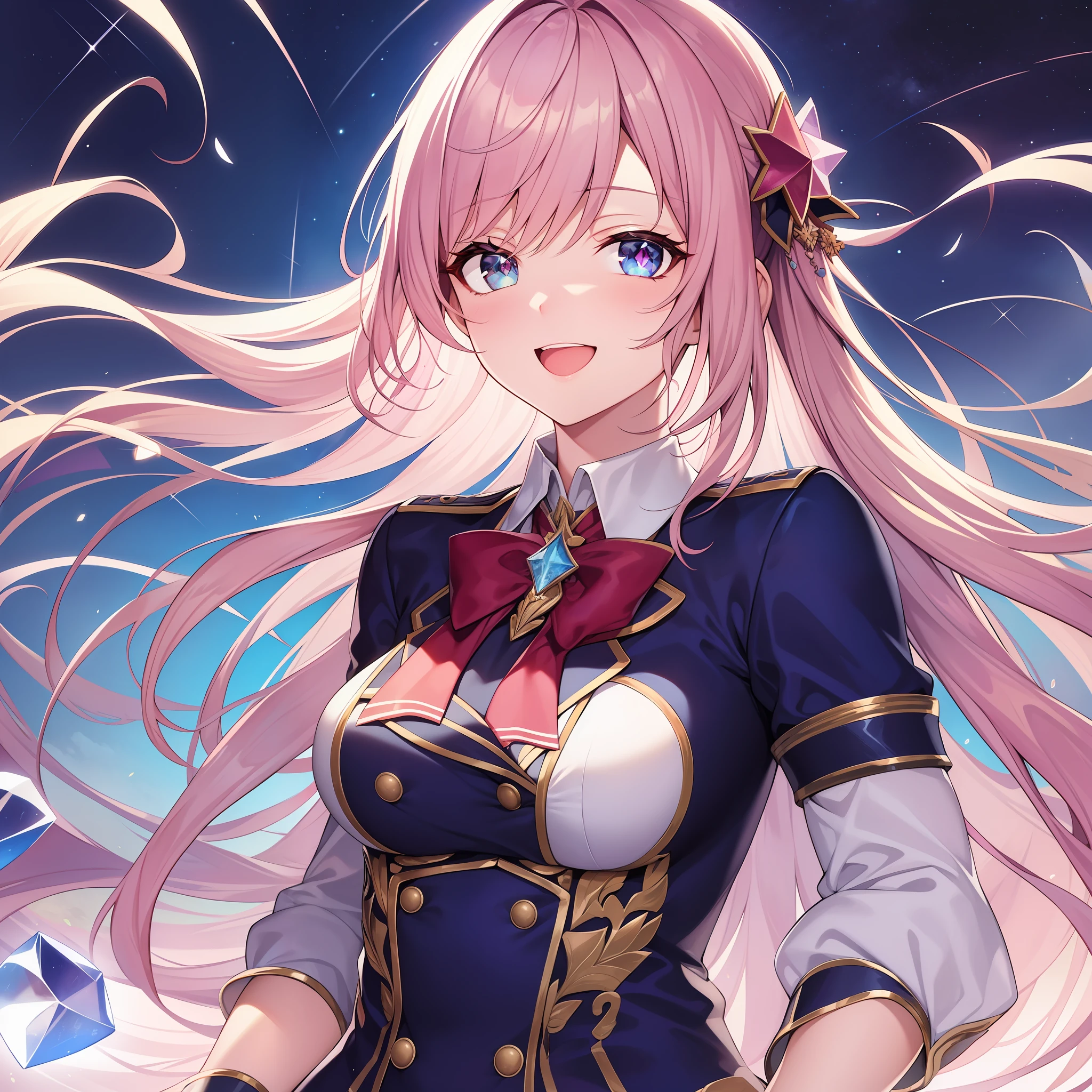 chest out, absurdres, superfine illustration,rainboweffect, highres, ultra detailed,light diffusion,highly detailed light reflection, kaleidoscope, harmonious, best shadow, highly detailed very beautiful big smile face, ;D, beautiful growing crystal diamond star pupil,look at viewer, beautiful detailed hair, solo, dynamic pose, beautiful detailed pink and black ribon, beautiful detailed High school uniform, Fantastic and the whole shines and shooting star and the wind is strong in detail background