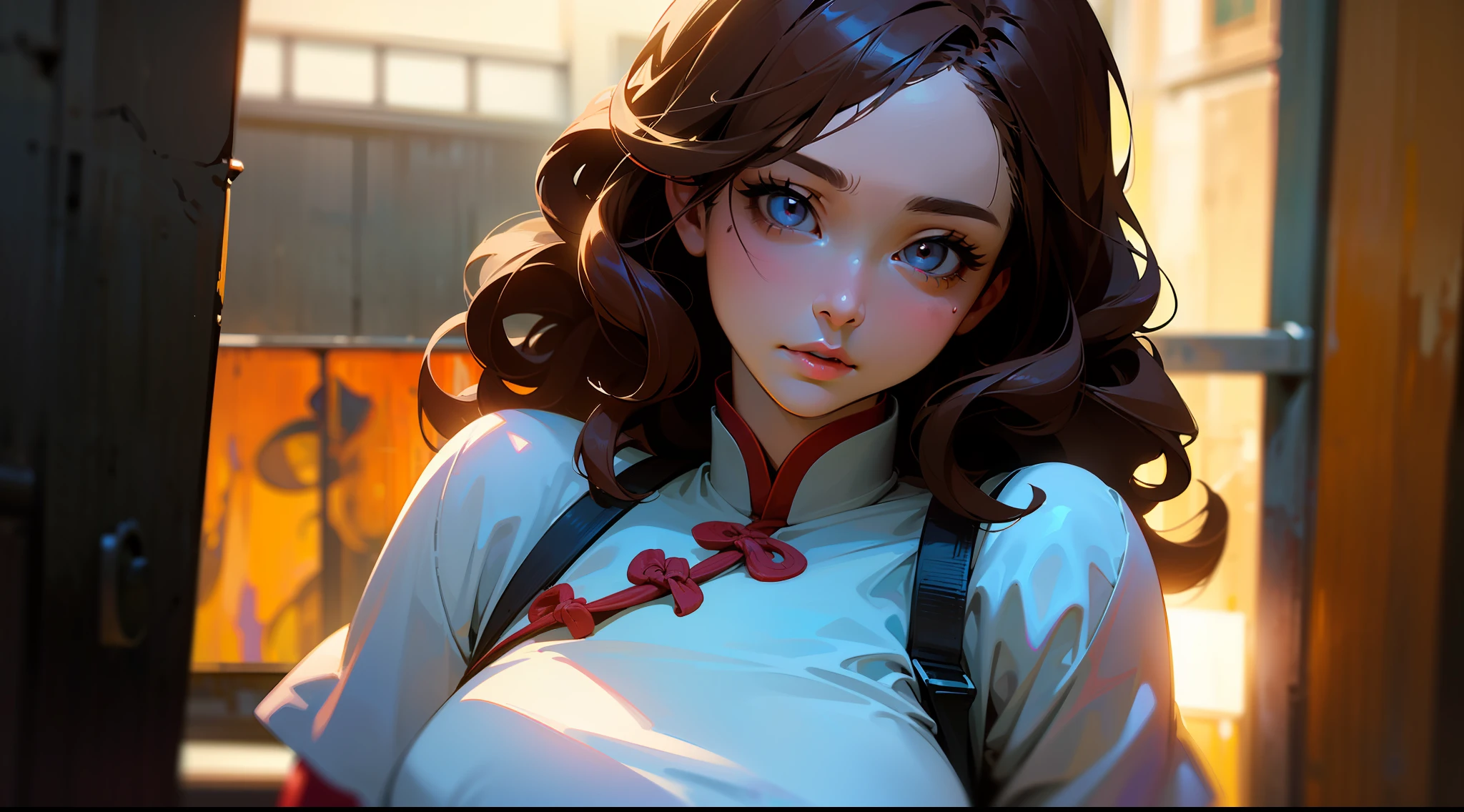 ((Realistic lighting, optimal quality, 8K, masterpaintings:1.3)),( sharp fokus:1.2), Girl Huge breasts, (Beautiful Women with Perfect Figure:1.4),Close-up strengthened,Slim:1.1, ((long and dark brown hair)),((length hair)) ,((ringlets)),(red-white qipao:1.4),(exteriors,during night:1.1),urban street,High-rise buildings and deep alleys,Ultra-fine face,Fine eyes,双眼皮,Close up of