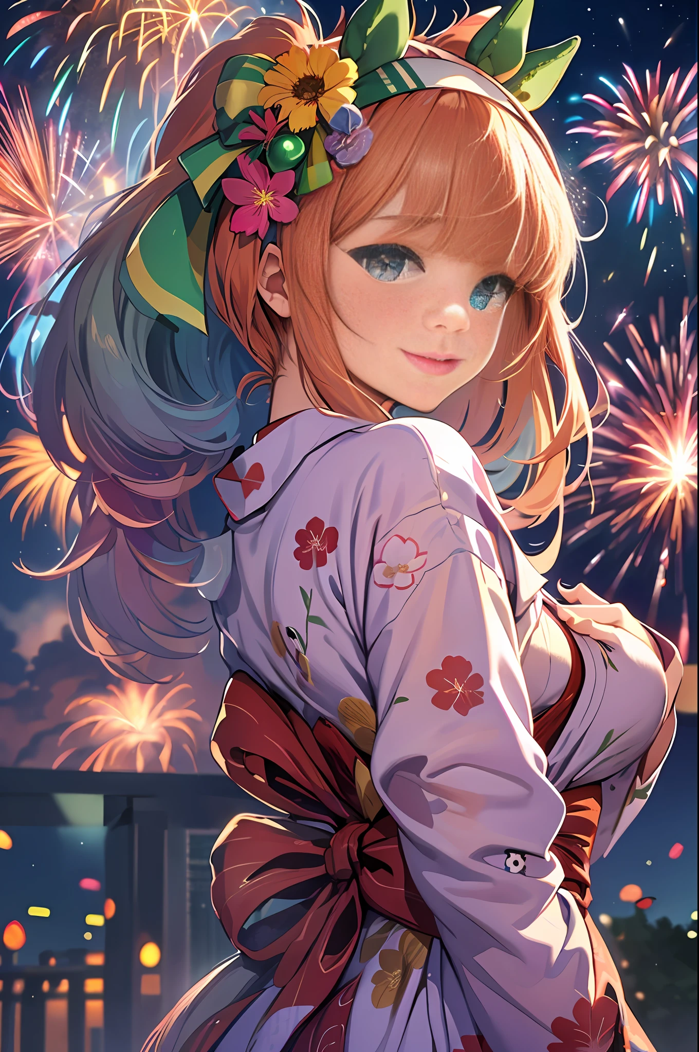 Masterpiece, top quality, high resolution, silence suzuka \(umamusume\),horse tail, horse ears, solo, small breasts, lips, lipstick, small buttocks, ((pink floral yukata, geta), gentle smile, fireworks in the night sky, fireworks on the background, low angle from below, waist constriction, beautiful legs, healthy skin