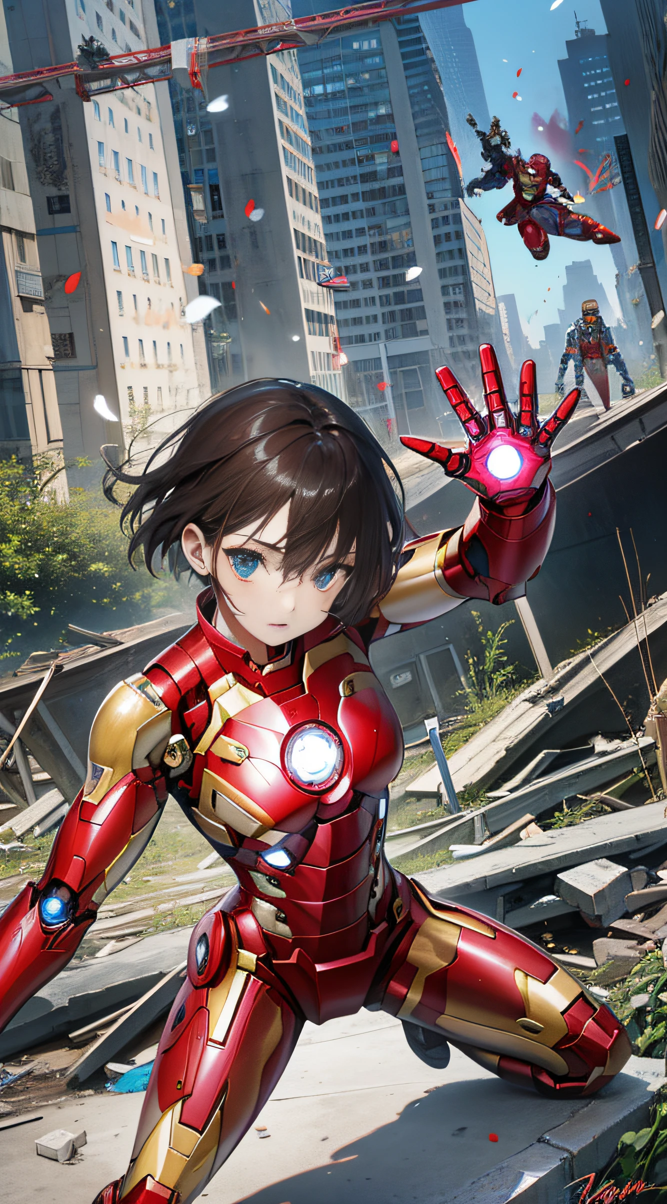 (((optimal quality))),(((superdetailed))),(((masterpaintings))),(((manga book))),Cool female superhero,Female Iron Man,The action is exaggerated and handsome,Iron Man's signature move,Dynamic,Voice bubbles,Fighting,bang between eyes,The background is the ruins of the city after the Great War,Epic cinematic footage。