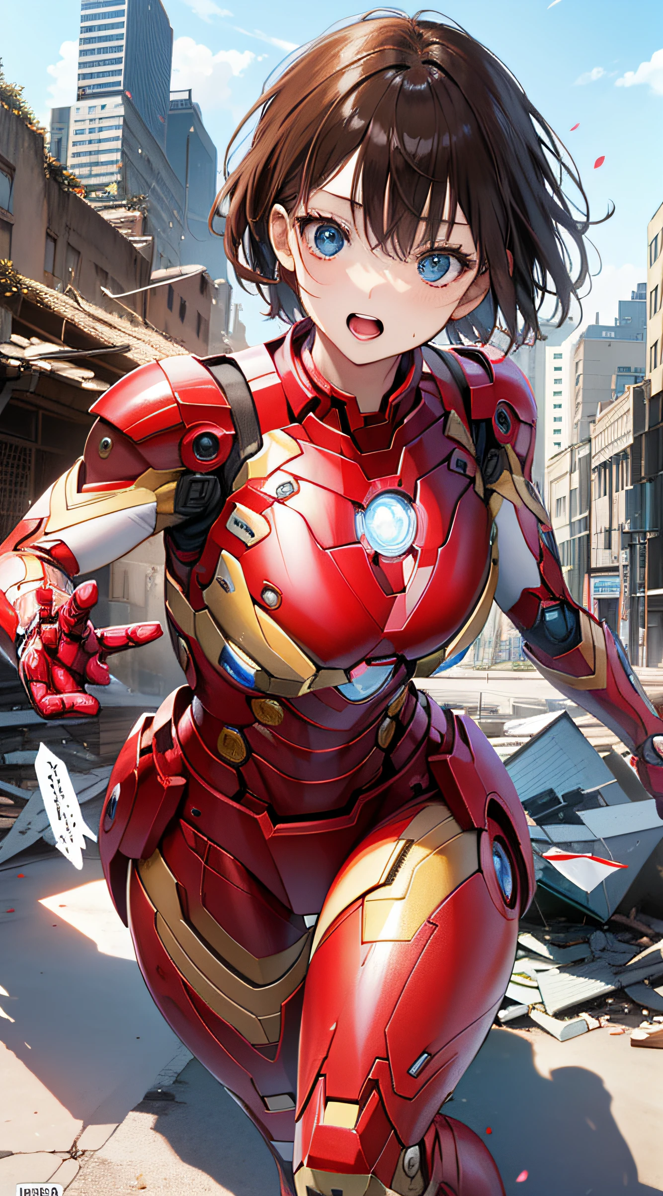 （（（optimal quality））），（（（superdetailed））），（（（masterpaintings））），（（（manga book））），Cool female superhero，Female Iron Man，The action is exaggerated and handsome，Iron Man's signature move，Dynamic，Voice bubbles，Fighting，bang between eyes，The background is the ruins of the city after the Great War，Epic cinematic footage。