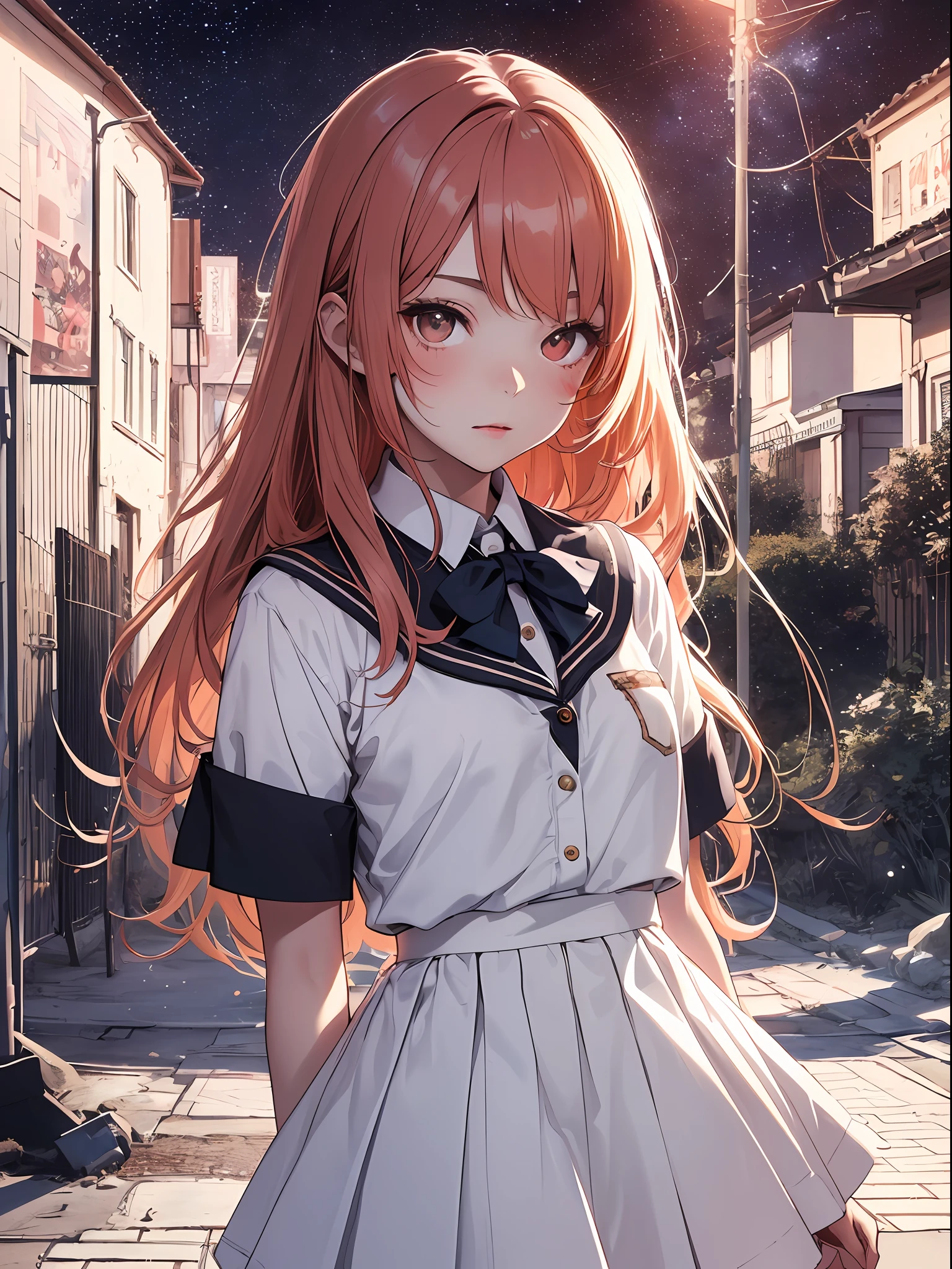 (Maste Piece:1.2),(tultra-detail:1.2),(A beautiful young girl,Face dyed red,School Uniform:1.2,white skirt:1.2),ta,Lonely,Glittering starry sky,demi-corps, summer,Focus on what's in front of you。