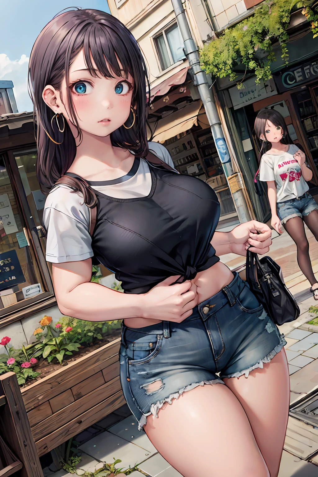 masterpiece, best quality,4girl,young girl, aqua eyes, auburn, blowout,surprised _face,shiny skin,large breasts,nice leg line:1.3,thick thighs, thin waist,, Tie-front_cropped_t-shirt, high-waisted_denim_shorts, black_platform_sandals, crossbody_bag, hoop_earrings, , Hidden_outdoor_garden,,looking at viewer,cowboy shot,dutch angle