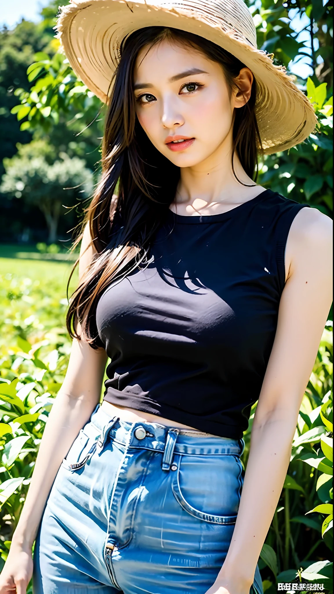 (最好质量、8K、32 k、巨作、BSB:1.2)、1人、bela mulher japonesa、Constricted waist、Agricultural operations、great outdoors、Straw Hat Hat、homework