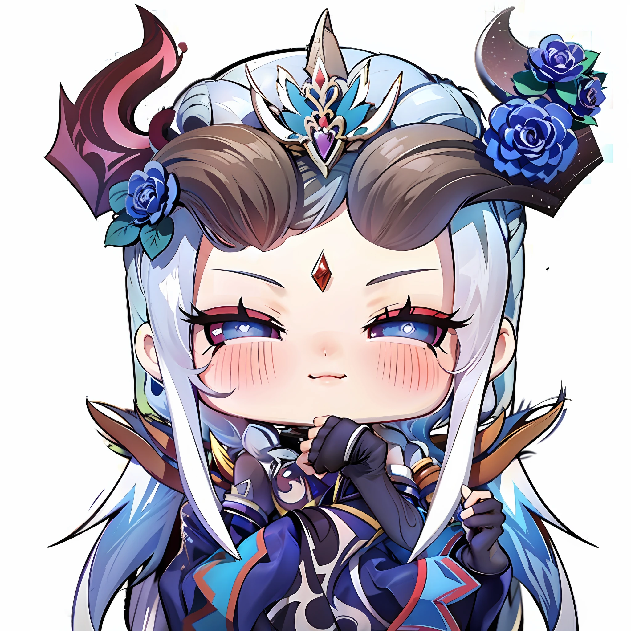 a cartoon image of a girl with horns and roses on her head, Retrato de Onmyoji, Keqing por Genshin Impact, Astri Lohne, foto de perfil do discord, divindade de cabelos brancos, Loong, white horns queen demon, Sorriso roguish, Discord PFP, Personagem Genshin Impact, Estilo Shadowverse, sorriso nefasto, Chibi