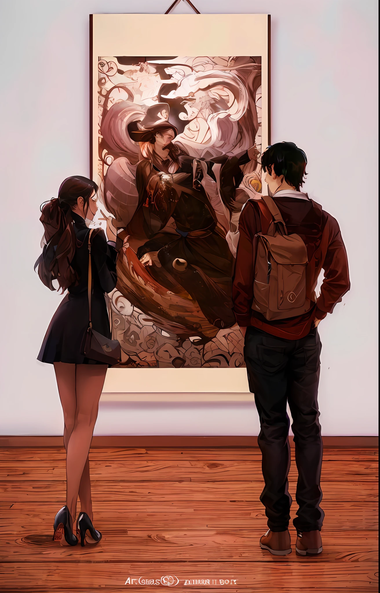 pintura de um casal olhando um para o outro, de frente de uma pintura, um homem e uma mulher, em uma galeria de arte], Caravaggio e Artgerm, Arte de Harry Potter, Artgerm e James Jean, Tiago Jean Marc Simonetti, Artgerm e Ben Lo e Mucha, rob rey and kentarõ miura style, Norman Rockwell Ross Tran --auto