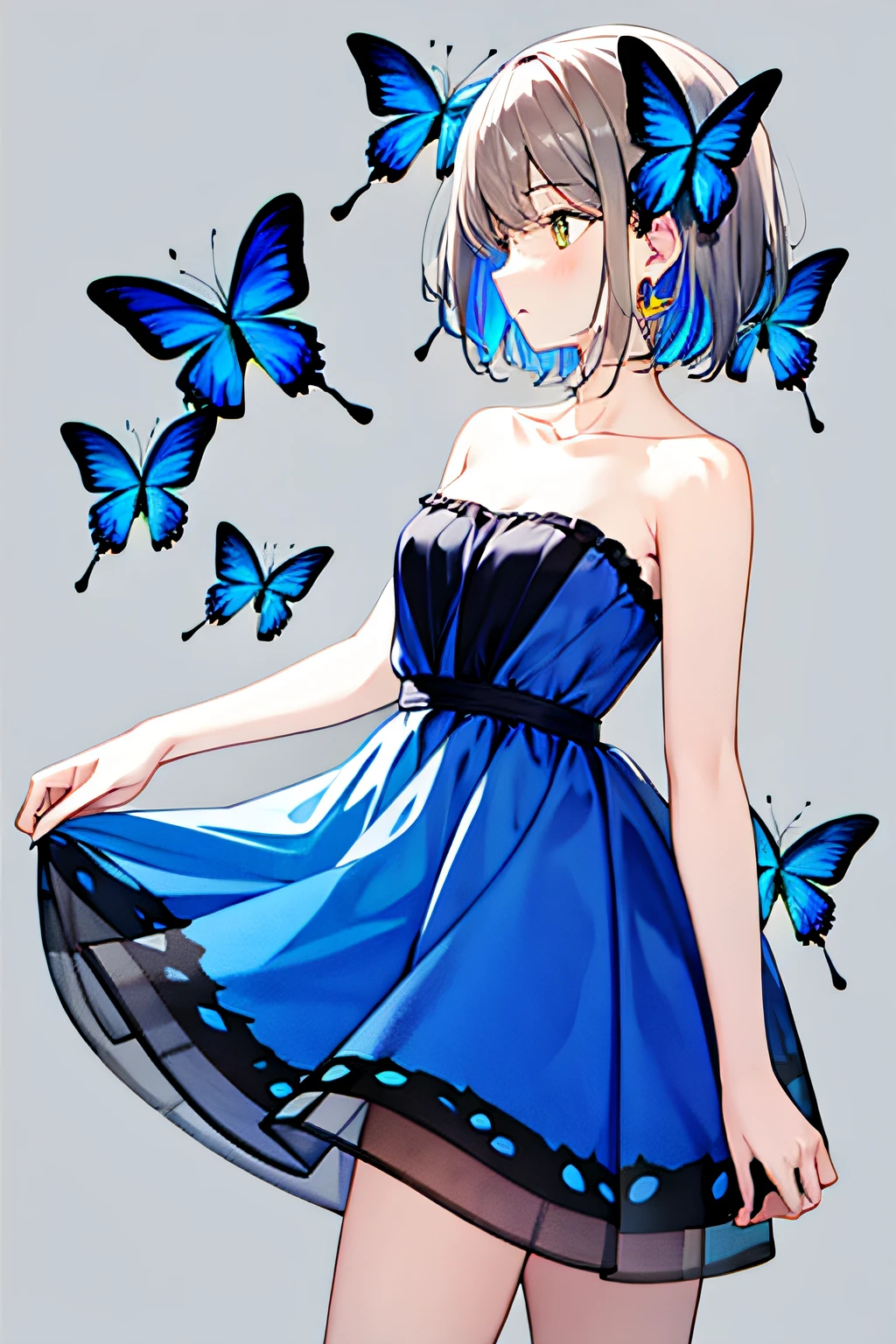 1girl, bangs, bare_arms, bare_shoulders, blue_butterfly, blue_dress, bug, butterfly, butterfly_on_hand, butterfly_wings, collarbone, dress, earrings, grey_background, jewelry, looking_away, multicolored_hair, profile, short_hair, solo, strapless, strapless_dress, wings, yellow_butterfly