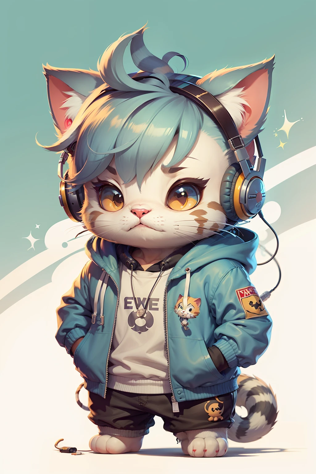 C4tt4stic, two cats, ful body, Cartoon cat wearing headphones and jacket,a cute、巨作、Top image quality、