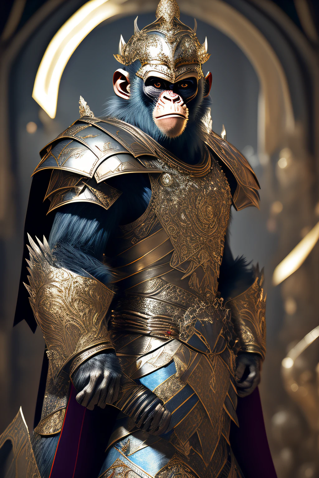 masterpiece, best quality, photorealistic ,fashionmonkey, gorilla, eyewear on head, gears, gem, goggles , gold, jewelry, magic circle,male_focus, owl, pants, shoes, sunglasses, tassel, throne,