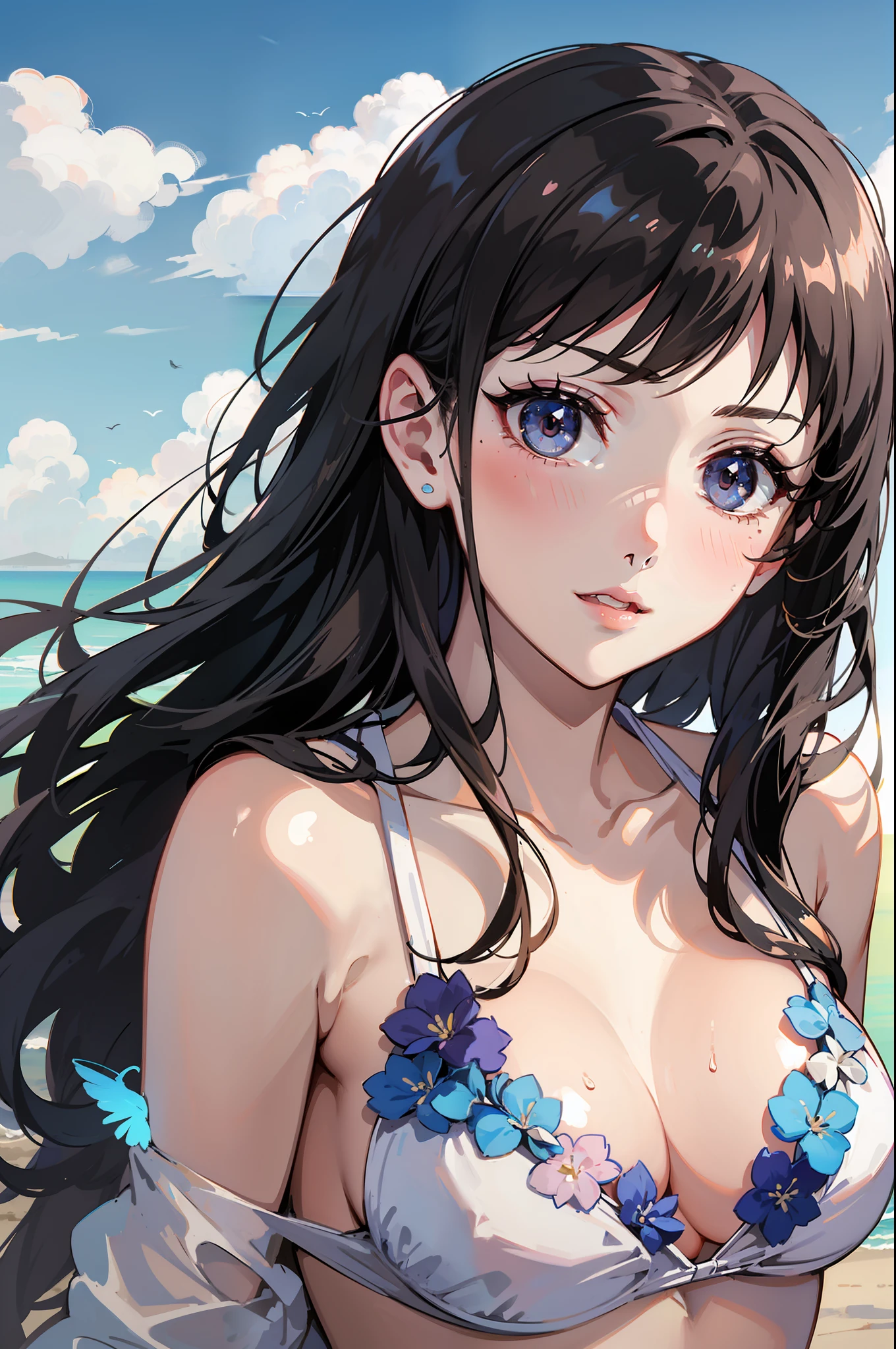 Pale beautiful young woman、Amused beautiful、slim and angular face、pointed chin、Feminine and big eyes、realisic、Heavily detailed、Large accentuated chest、contrast、Textured skin、 cold skin pores、a perfect face、blush on、high small nose、Tear mole、White, transparent and ruffled bikini、Oblique 45 degrees、feet visible、Dark hair、length hair、Light brown eyes、Sweet smell、the beach、blue skies、full body pictures